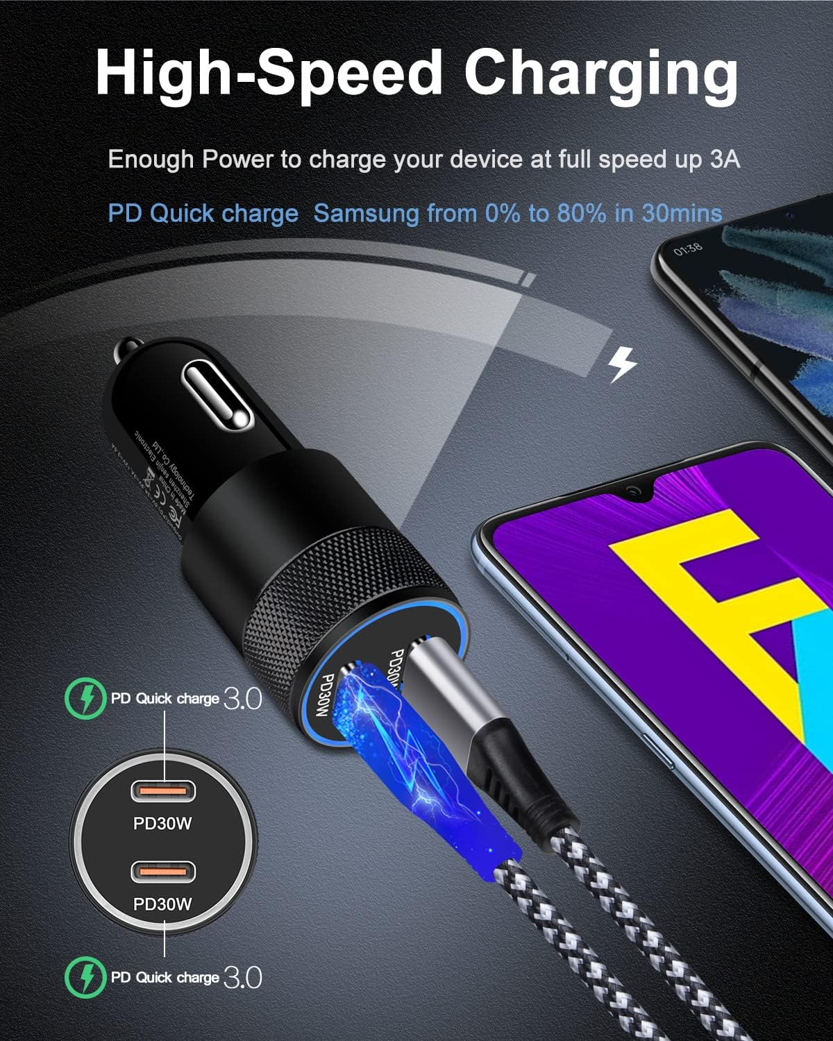 60W USB C Car Charger, 2Pack USB C Cigarette Lighter Adapter Fast Charging