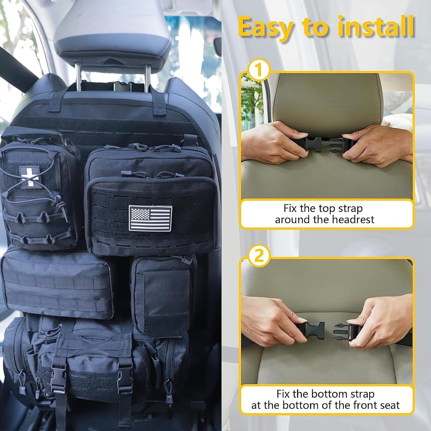 Universal Tactical Car Seat Back Organizer Bag Tactical Molle Vehicle Organizers Panel Vehicle Protector Organizers with 5 Detachable Pouches for Car Truck Ford Jeep (Upgraded C model Black)