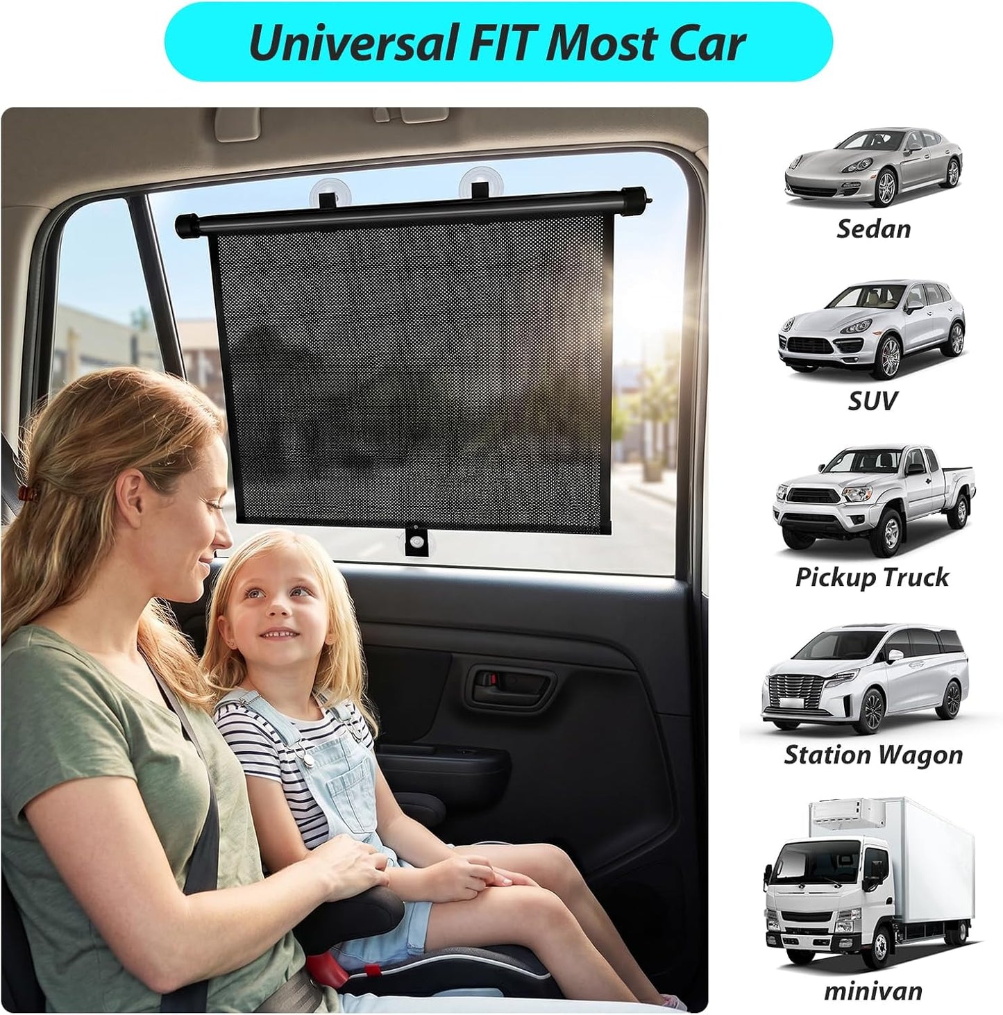 SYOURSELF Sun Shade for Car Window Baby, 2 Pack Retractable Sun Shade for Car Blocks Maximum UV Rays & Ice-Crystal Cooling, Roller Sunshade Visors for Baby, Children, Pets, and Passengers