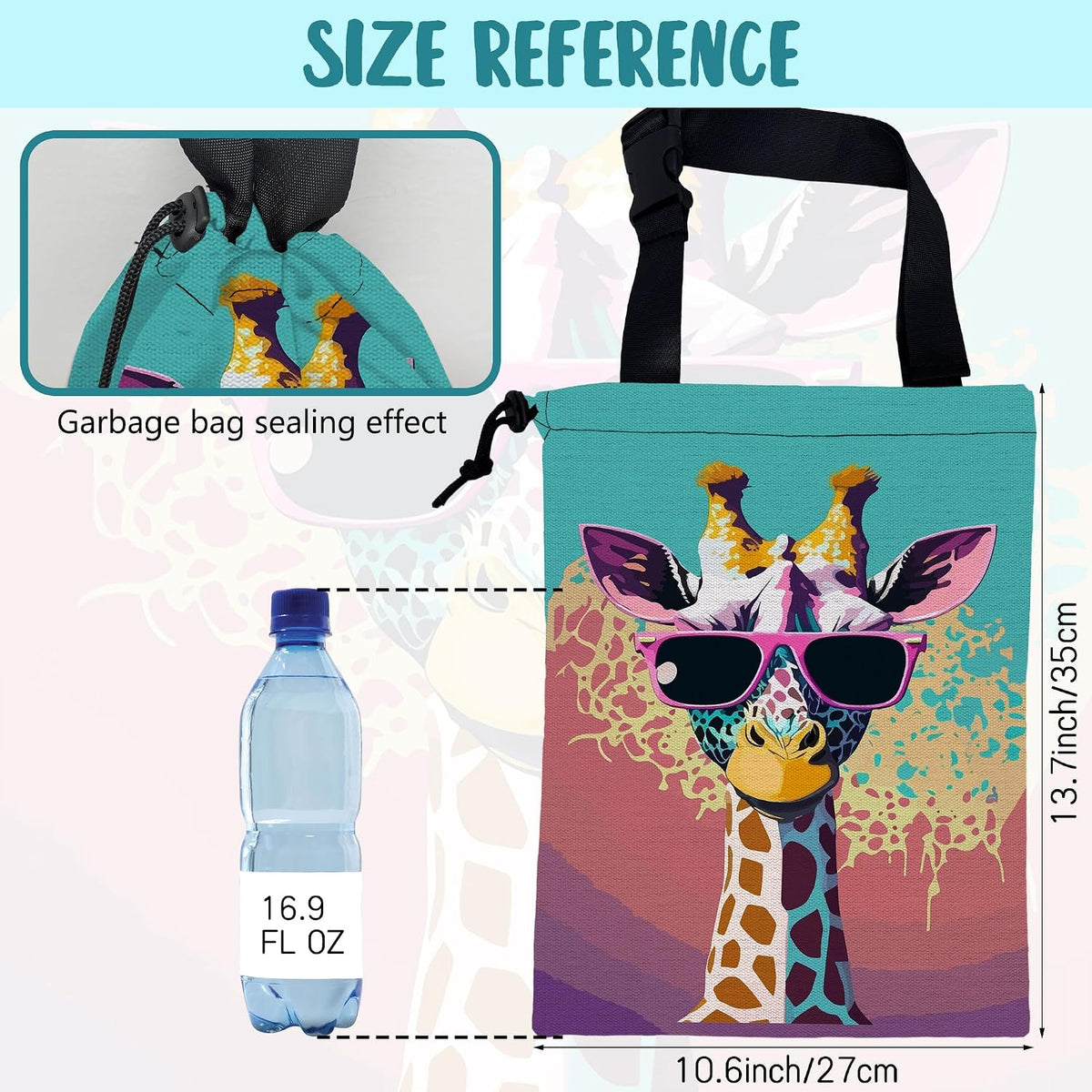 Car Garbage Bag Giraffe Wearing Sunglasses Hanging Canvas Car Trash Bag Waterproof Drawstring Car Back Seat Organizer for Car Back Front Seat Console with Adjustable Buckle