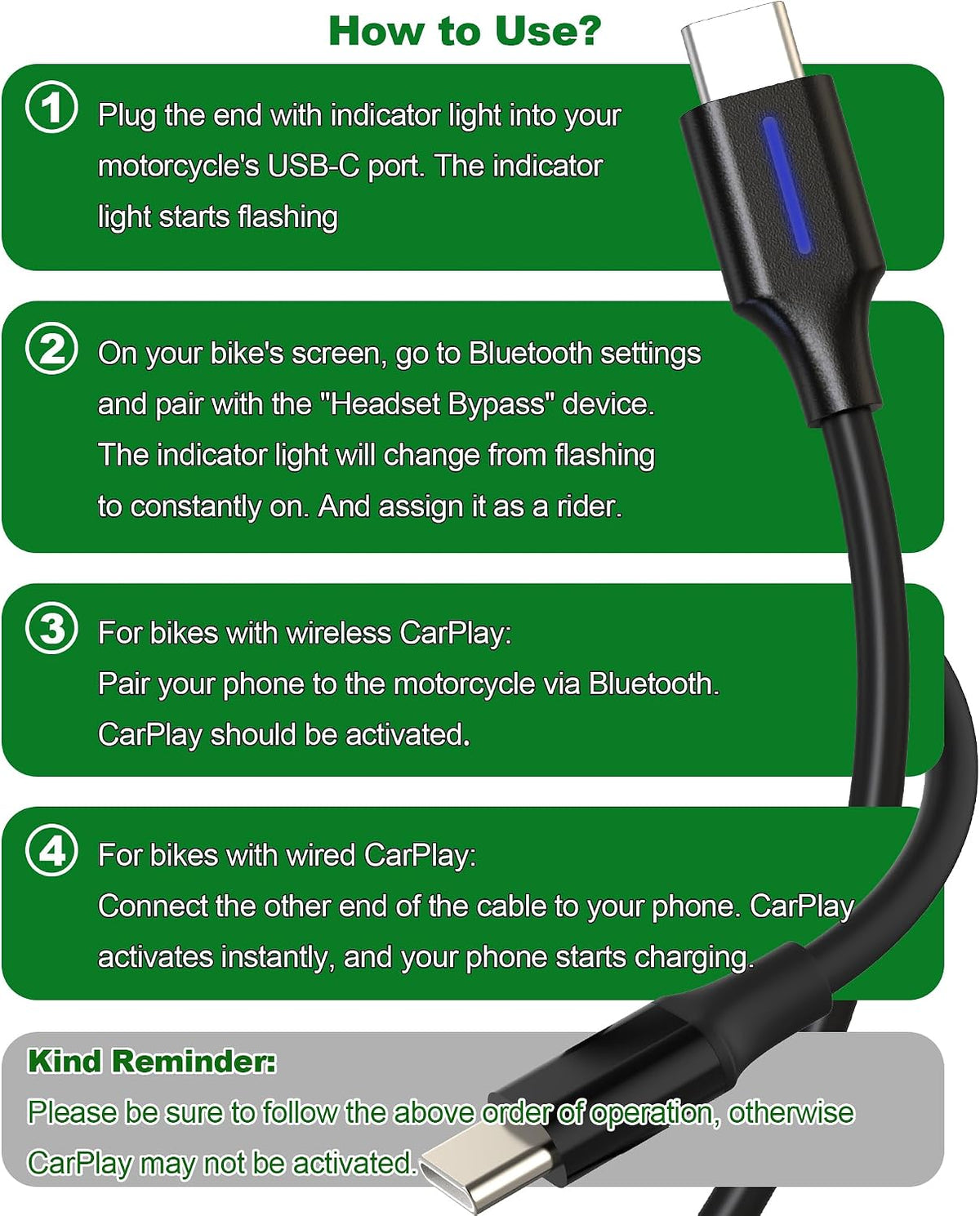 2-in-1 Bypass Motorcycle CarPlay Bluetooth Headset Cable