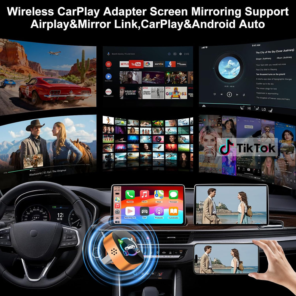 4 in 1 Wireless CarPlay Adapter, Cars Screen Mirroring Play Adapter Device