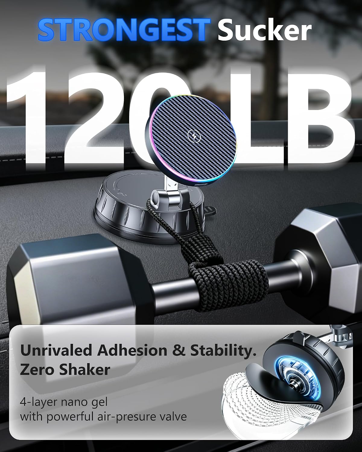 15W MagSafe Car Charger Mount, Magnetic Wireless Car Phone Holder with Dual Input Port, Vacuum Suction & Nano Adhesive Base, 360° Rotation Stable Car Charging Stand for iPhone 12-17, Samsung S26