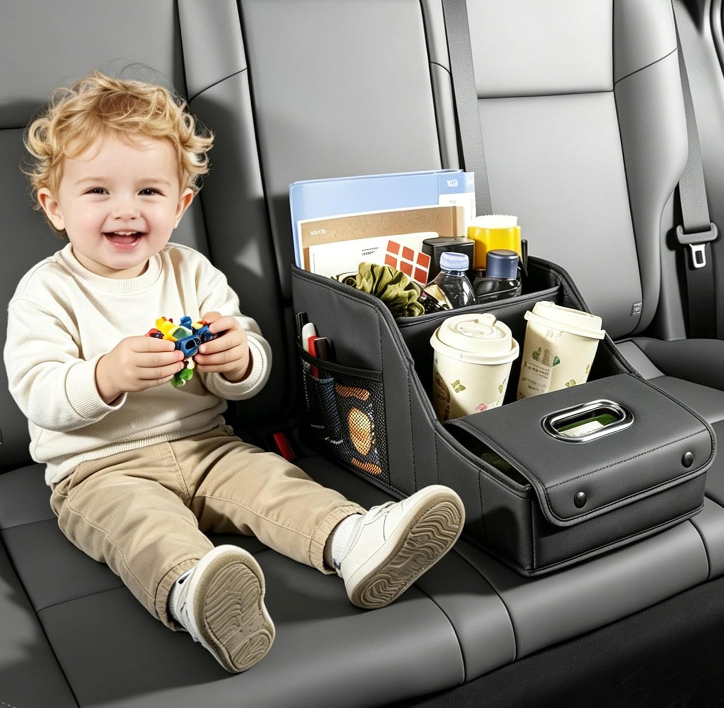 Car Seat Organizer Passenger Storage for Travel Kids Accessories | Collapsible Storages Compartments Mesh Pockets Car Caddy Basket for Front Back Seat Floor Trunk Organizers Kleenex Holder
