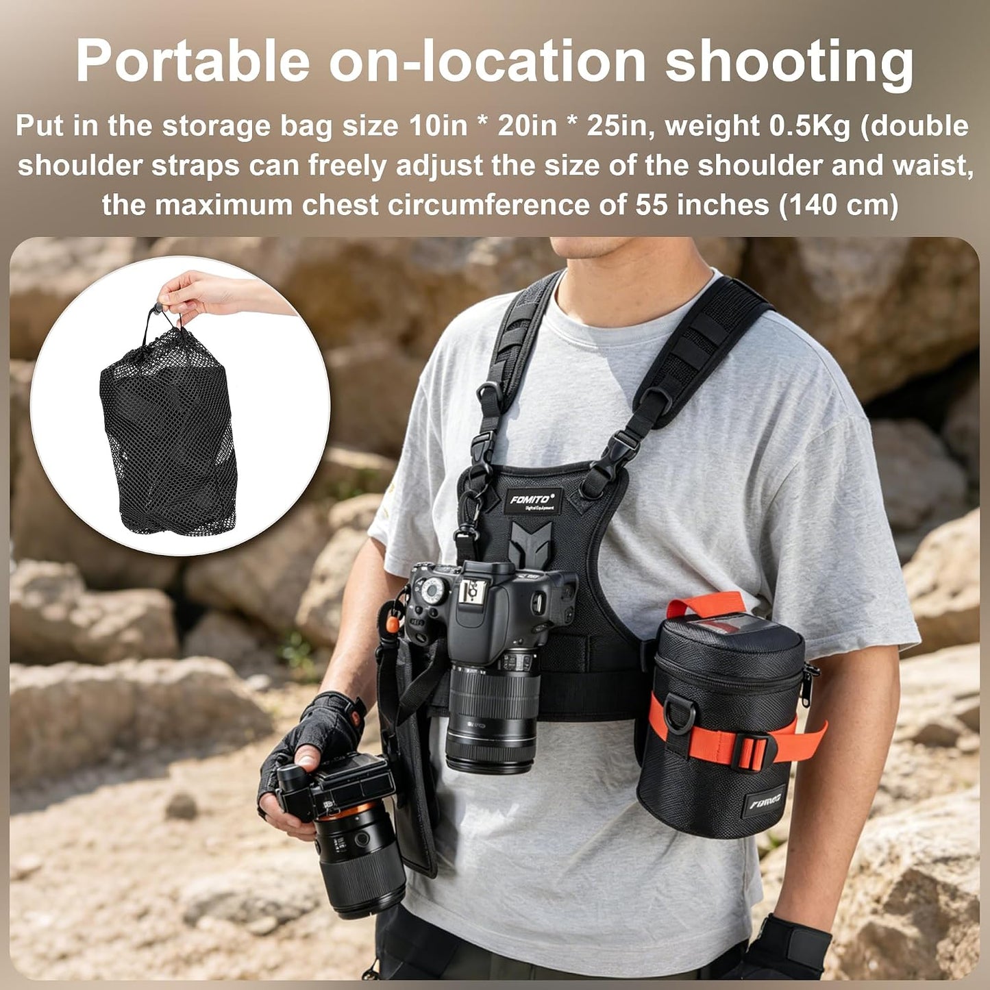 FOMITO Multi Camera Carrying Chest Harness System Vest with Side Holster for Canon 6D 600D 5D2 5D3 Nikon D800 D600 D300 D7000 D90 Sony A7S A7R A7S2 Panasonic Olympus DSLR