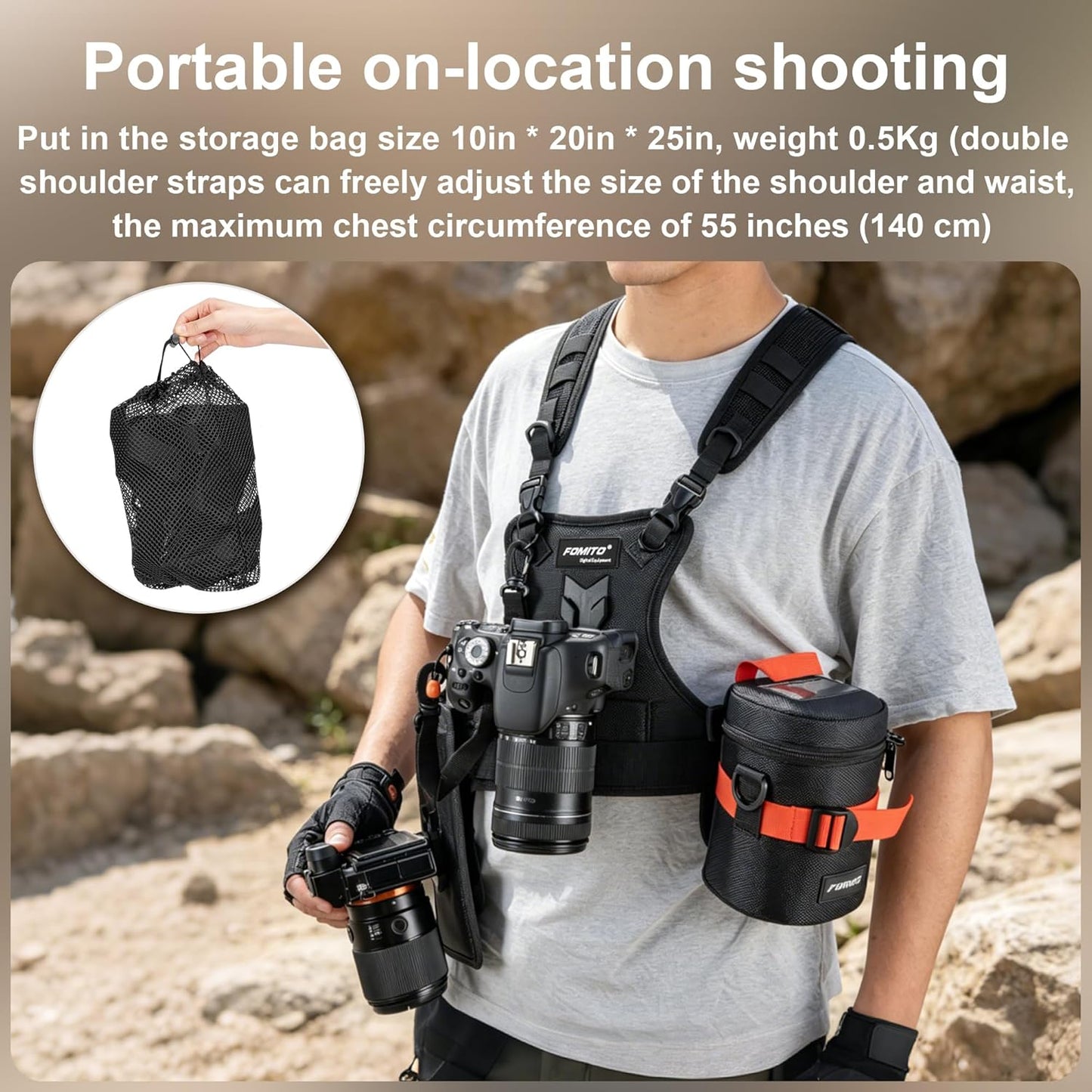 FOMITO Multi Camera Carrying Chest Harness System Vest with Side Holster for Canon for Nikon for Panasonic for Olympus for Sony A7R A7S A7II A7RII A58 A99 A6000 A6300 DSLR