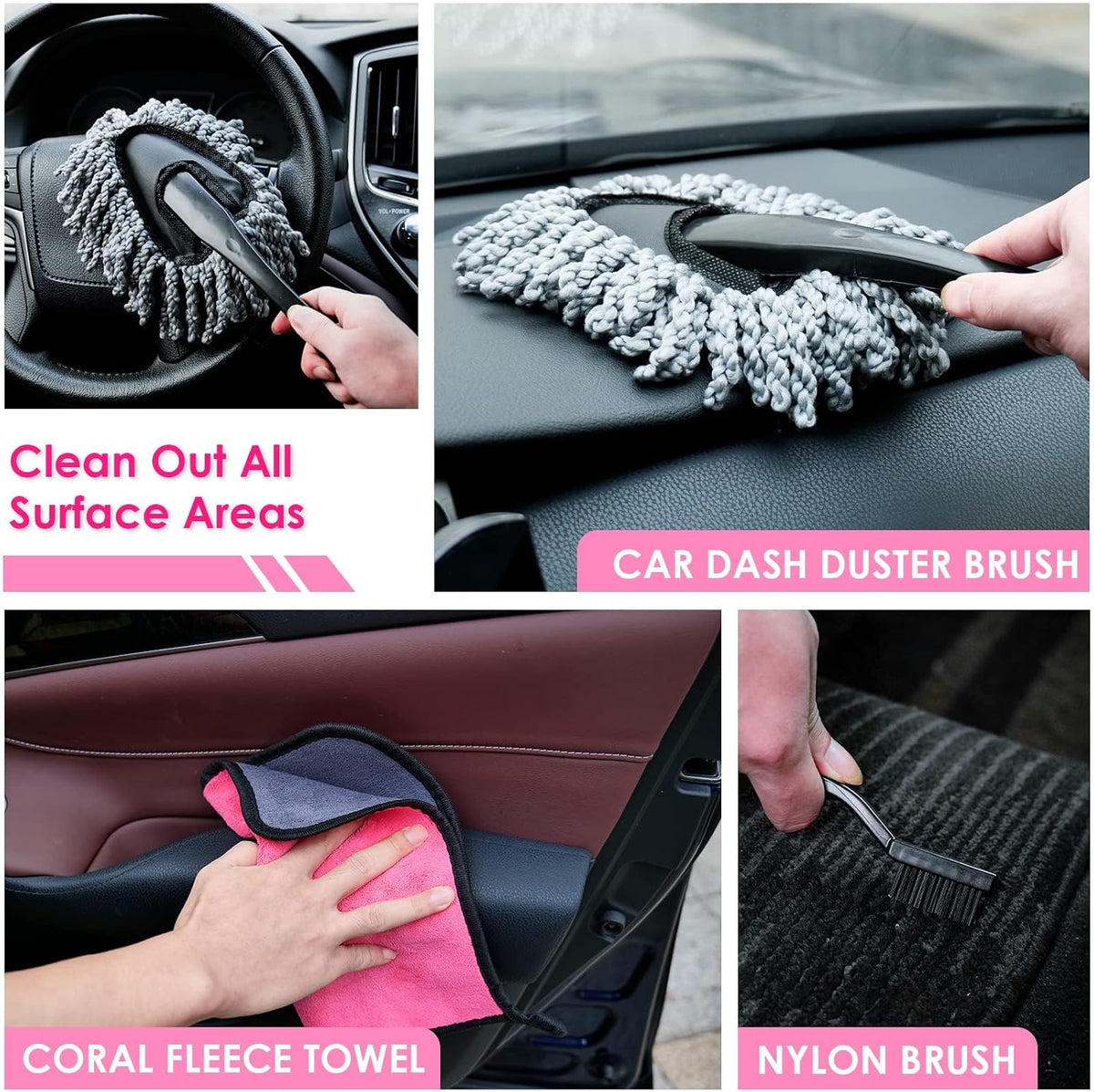Windshield Cleaner Tool, 17Pcs Pink Car Interior Cleaning Kit, Detailing Kit Cleaner, Detailing Brush, Cleaning Gel, Inside Cleaning Supplies Accessories for Women Girl Gift
