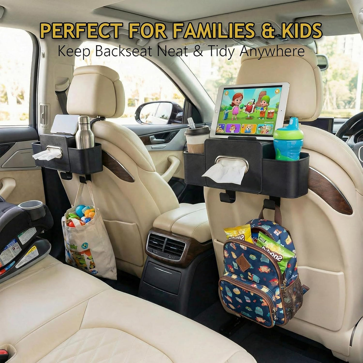 Backseat Car Organizer, 4 in 1 Multifunctional Car Back Seat Storage Organizer with Tissue Box, 2 Cup Holders, Phone Stand and Hooks, Automotive Seat Back Organizers (Brown)