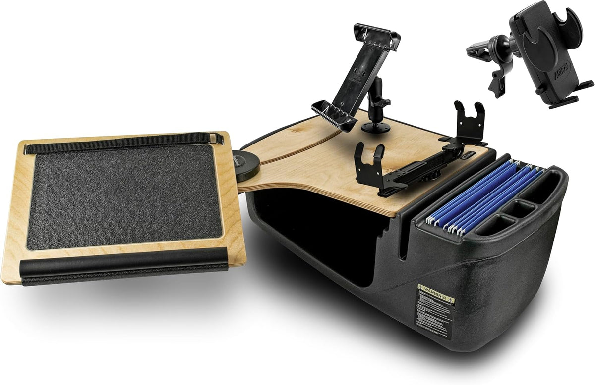 AutoExec Reach Desk Front Seat Car Desk and Portable Workstation with Printer Stand, Tablet Mount and Phone Vent Clip, Natural