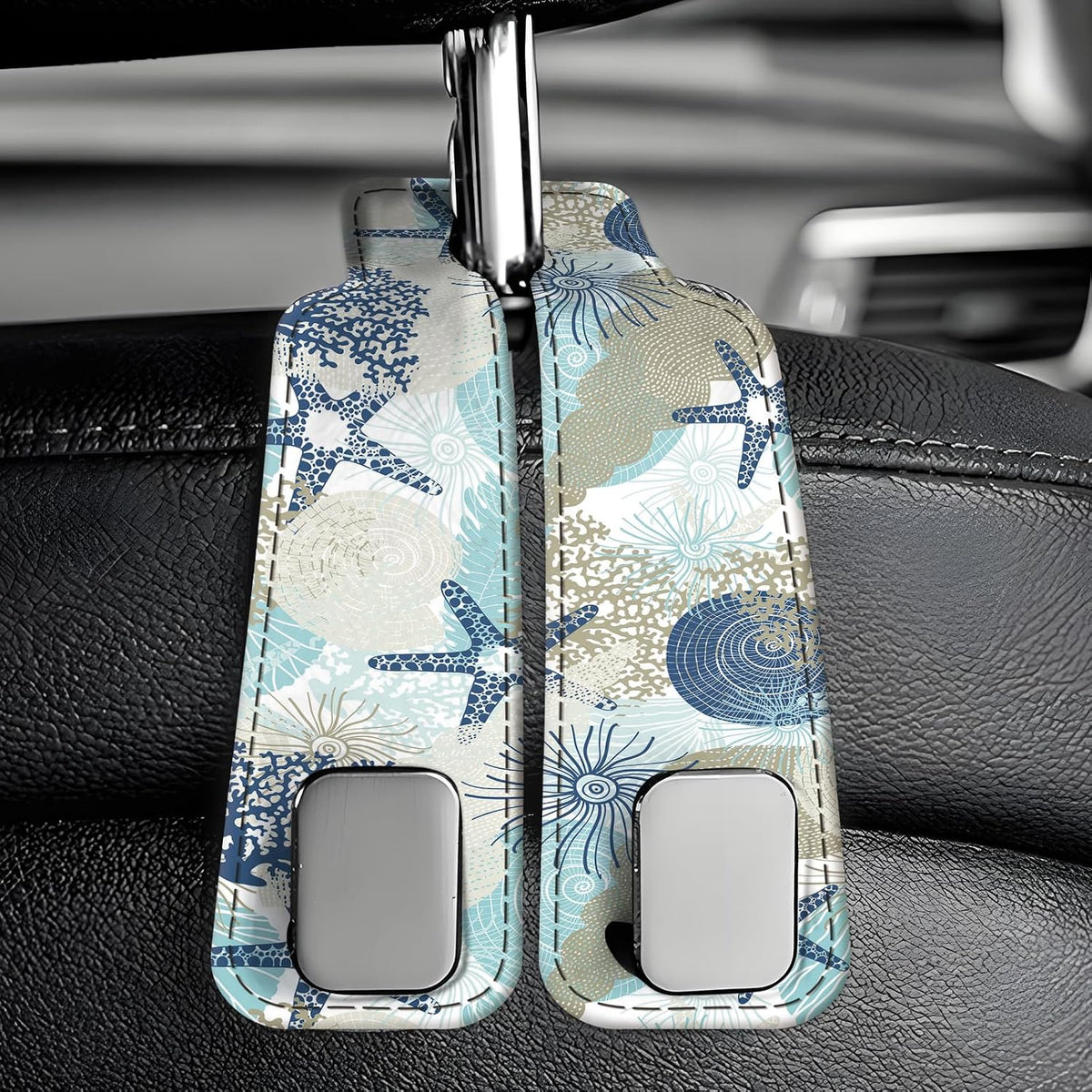 Car Seat Back Storage Headrest Hook, Premium Leather Double Metal Hook, Hanger Storage Organizer for Purse Cloth Bag, Car Interior Accessories Funny Colorful Seastar