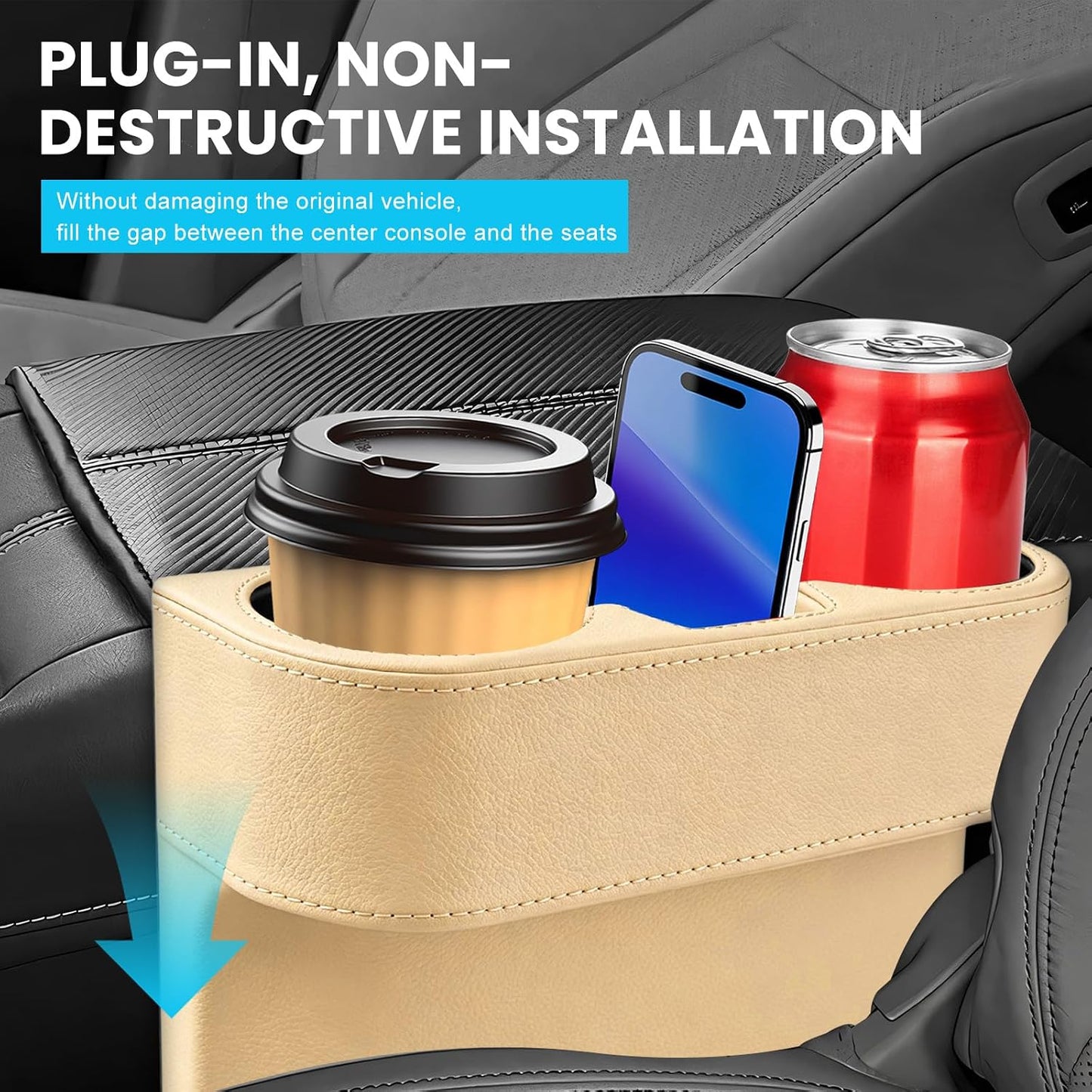 Car Seat Gap Filler Organizer, Multifunctional Auto Front Seat Storage Box with 2 Cup Holders, Auto Console Side Organizer Anti-Drop Gap Filler for Holding Phone Glasses Drinks (Beige)