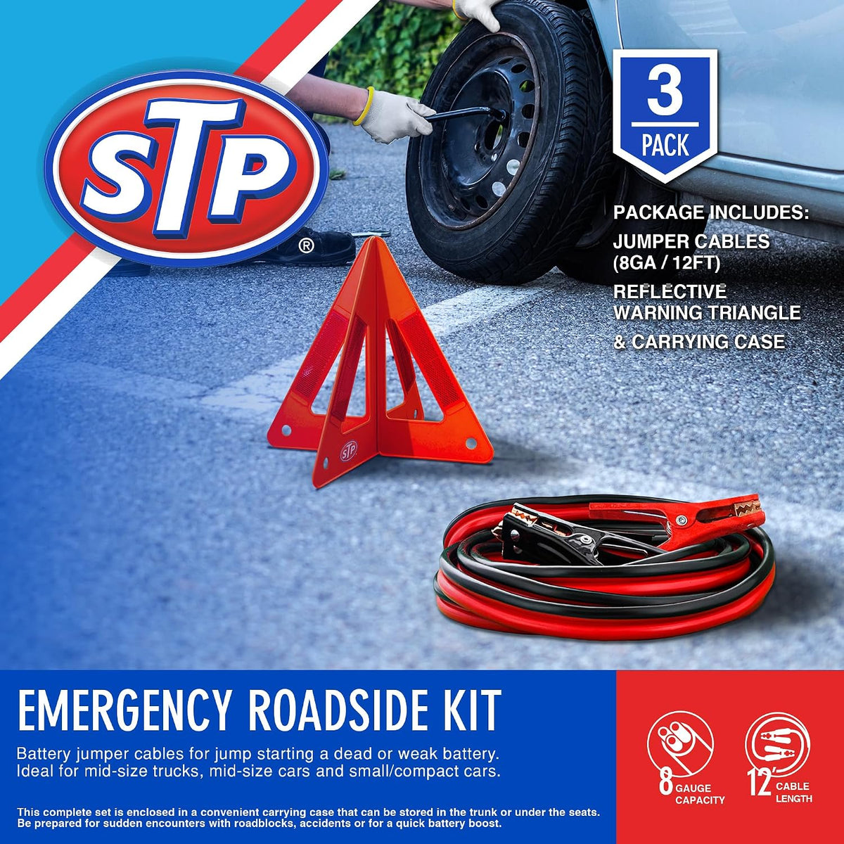 STP Jumper Cables for Car & Reflective Warning Triangle, 12-Foot 8-Guage Heavy Duty Jumper Cables to Jump Star Dead Batteries in Cars Trucks SUVs, Automotive Booster, Professional Vehicle Safety Kit