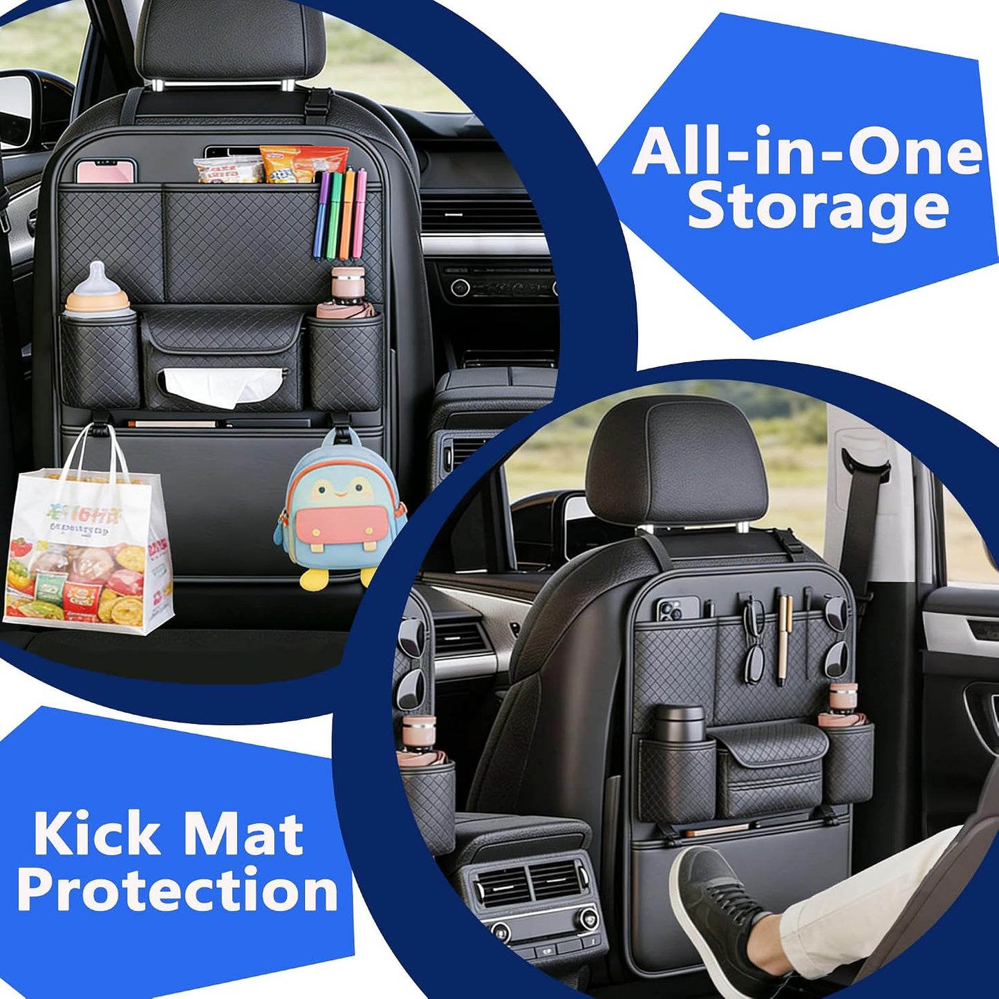2-Pack Backseat Car Organizers with Hooks - Hanging Car Seat Back Organizers for Toys, Tablets, Books & Tissues - Hanging Car Back of Seat Storage Bags for Kids Toddlers, Black Leather Car Kick Mats