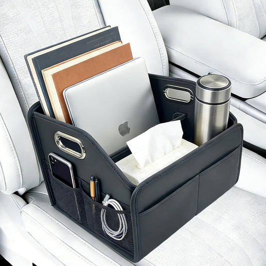 Car Storage Organizer Foldable PU Leather Front Seat Caddy | 12.6 Inch,8 Compartments,Dual Metal Handles,Anti-Slip Straps,For Car Seat & Floor
