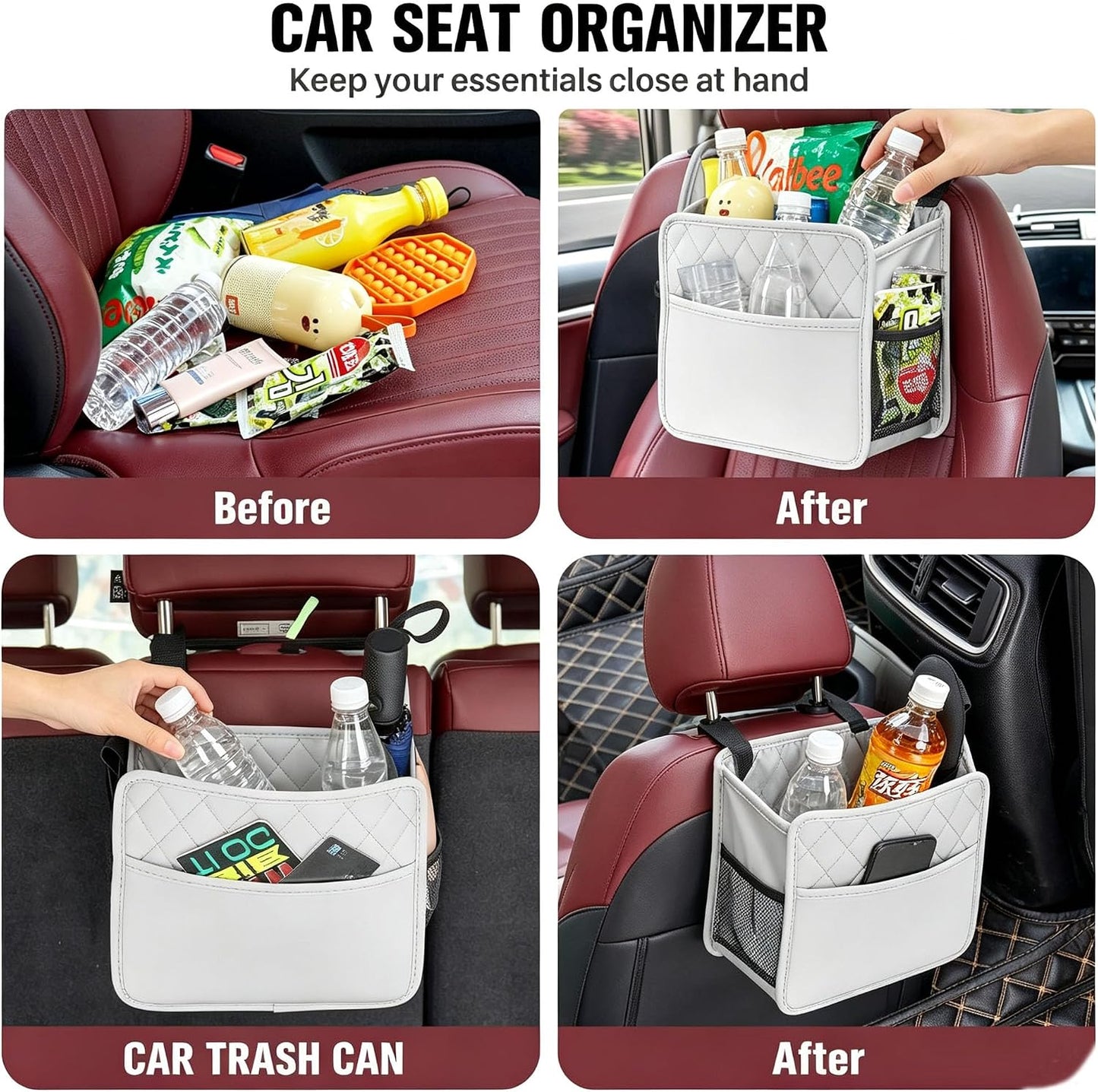 LXUNYI Car Seat Organizer, Updated Large Leather Backseat Car Organizer with Cup Holders Multifunctional Over the Seat Storage Organizer Bag Hanging Back Seat Organizers for Kids (Gray 1Pack)
