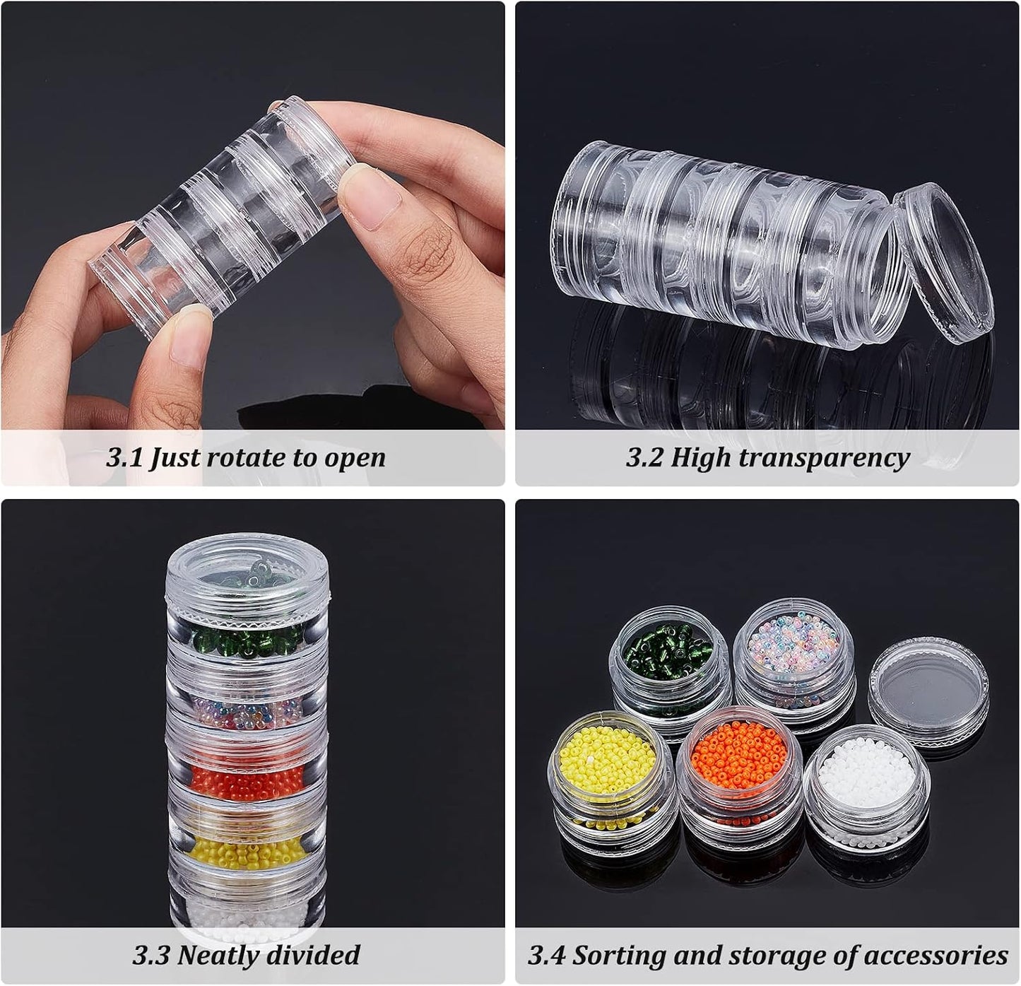 BENECREAT 5G/5ML Stackable Round Plastic Containers 8 Column(5 Layer/Column) Bead Storage Jars for Seed Beads, Diamond Drills and Other Jewelry Components