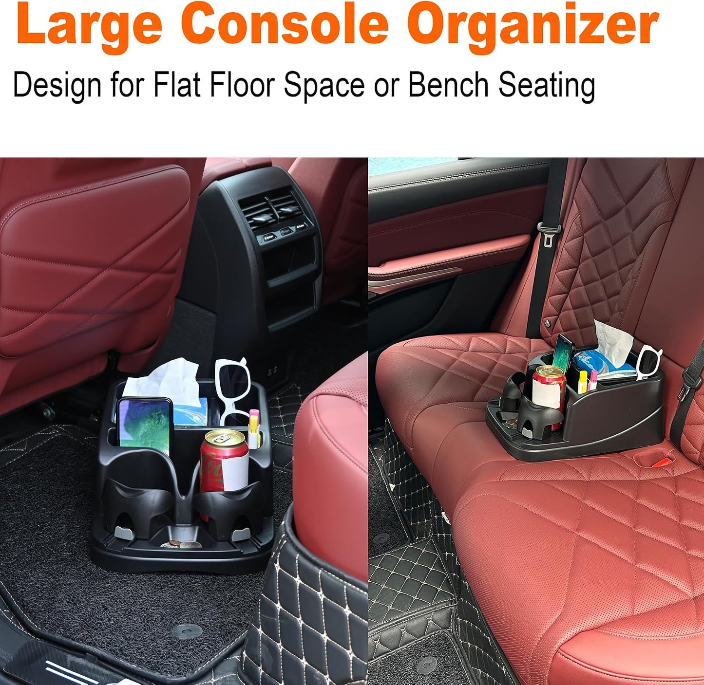 Universal Center Console Organizer for Truck Bench Seat & SUV, Truck Floor Console with Expandable Cup Holders, Fits Silverado Minivan, Stable Transmission Hump Storage Box for Car Backseat (Black)