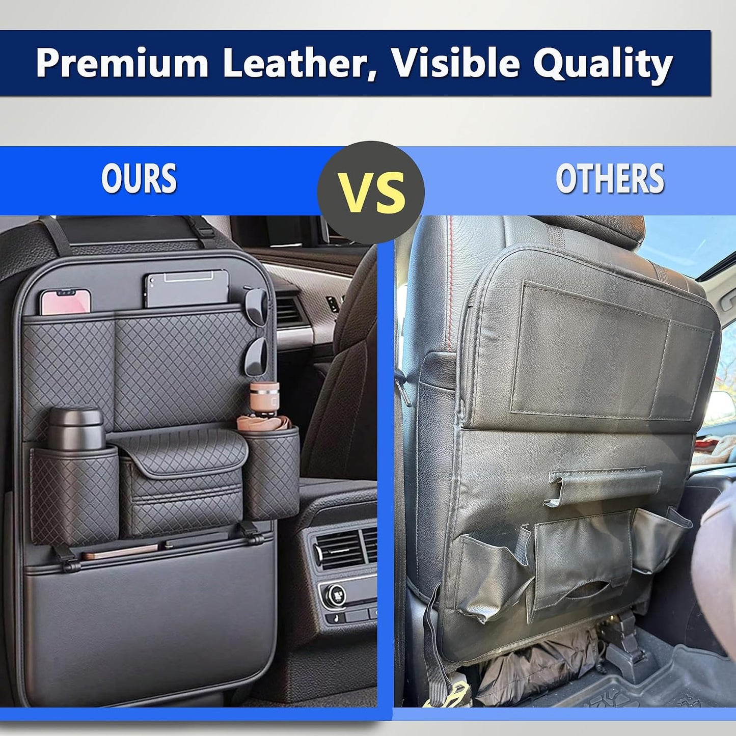 2-Pack Backseat Car Organizers with Hooks - Hanging Car Seat Back Organizers for Toys, Tablets, Books & Tissues - Hanging Car Back of Seat Storage Bags for Kids Toddlers, Black Leather Car Kick Mats