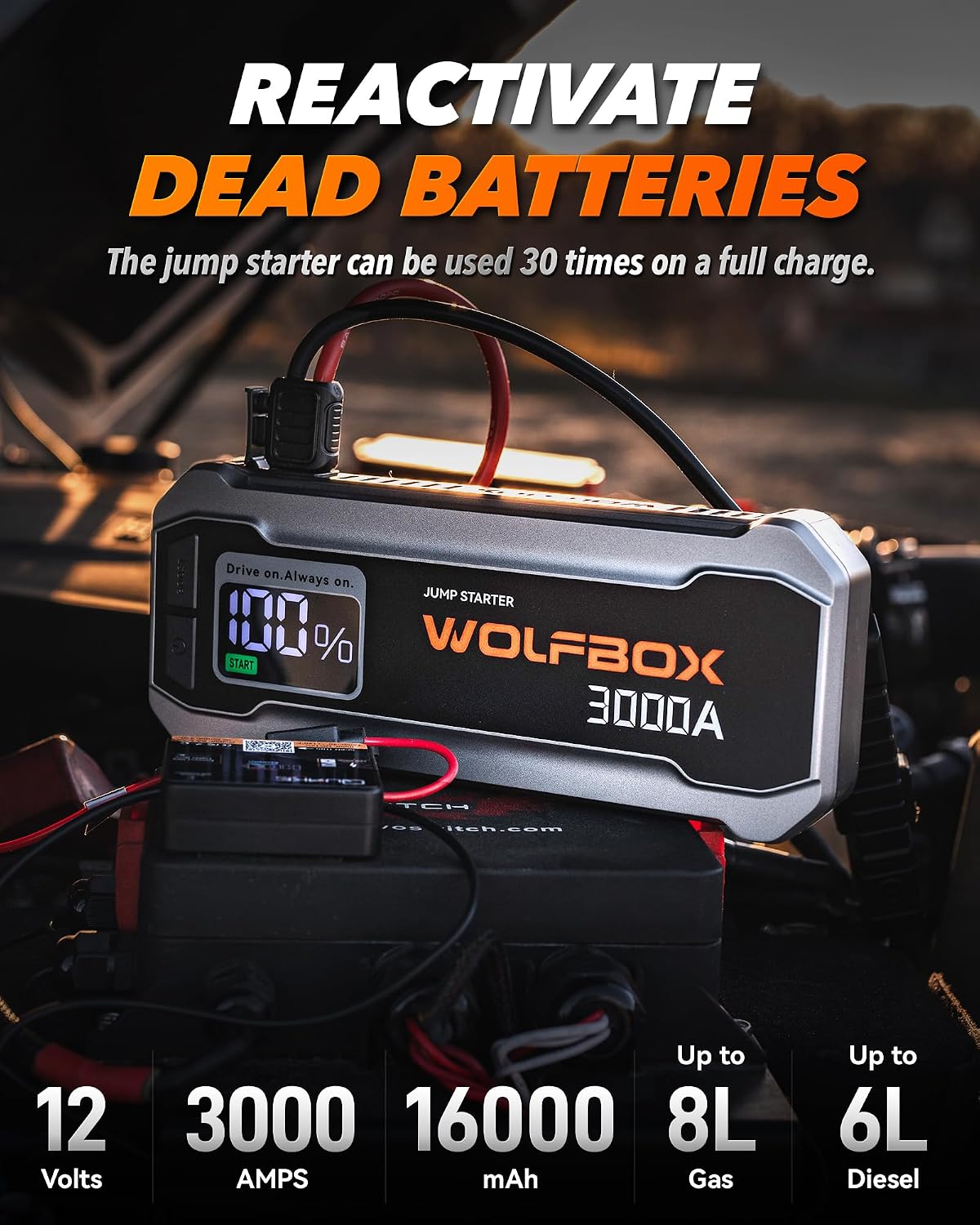 WOLFBOX 3000A Jump Starter,12V Car Battery Jump Starter with 65W Fast Charging, LED Display,59.2Wh Portable Jump Starter Battery Pack(8L Gas 6L Diesel Engine) with Booster,LED Light,Jumper Cables