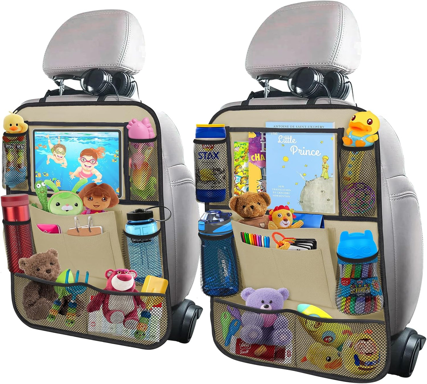 ULEEKA Car Backseat Organizer with 11" Table Holder, 10 Storage Pockets Seat Back Protectors Kick Mats for Kids Toddlers, Travel Accessories, 2 Pack, Beige