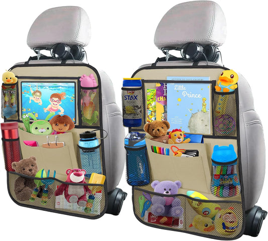ULEEKA Car Backseat Organizer with 11" Table Holder, 10 Storage Pockets Seat Back Protectors Kick Mats for Kids Toddlers, Travel Accessories, 2 Pack, Beige