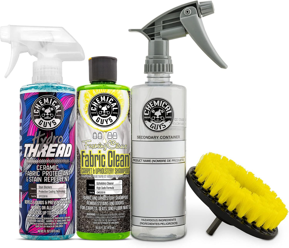 Chemical Guys CWS203DK Foaming Citrus Fabric Clean Carpet &amp; Upholstery Cleaning &amp; Protectant Bundle with HydroThread, Drill Brush and Spray Bottle (Car Carpets, Seats &amp; Floor Mats) 4 Items