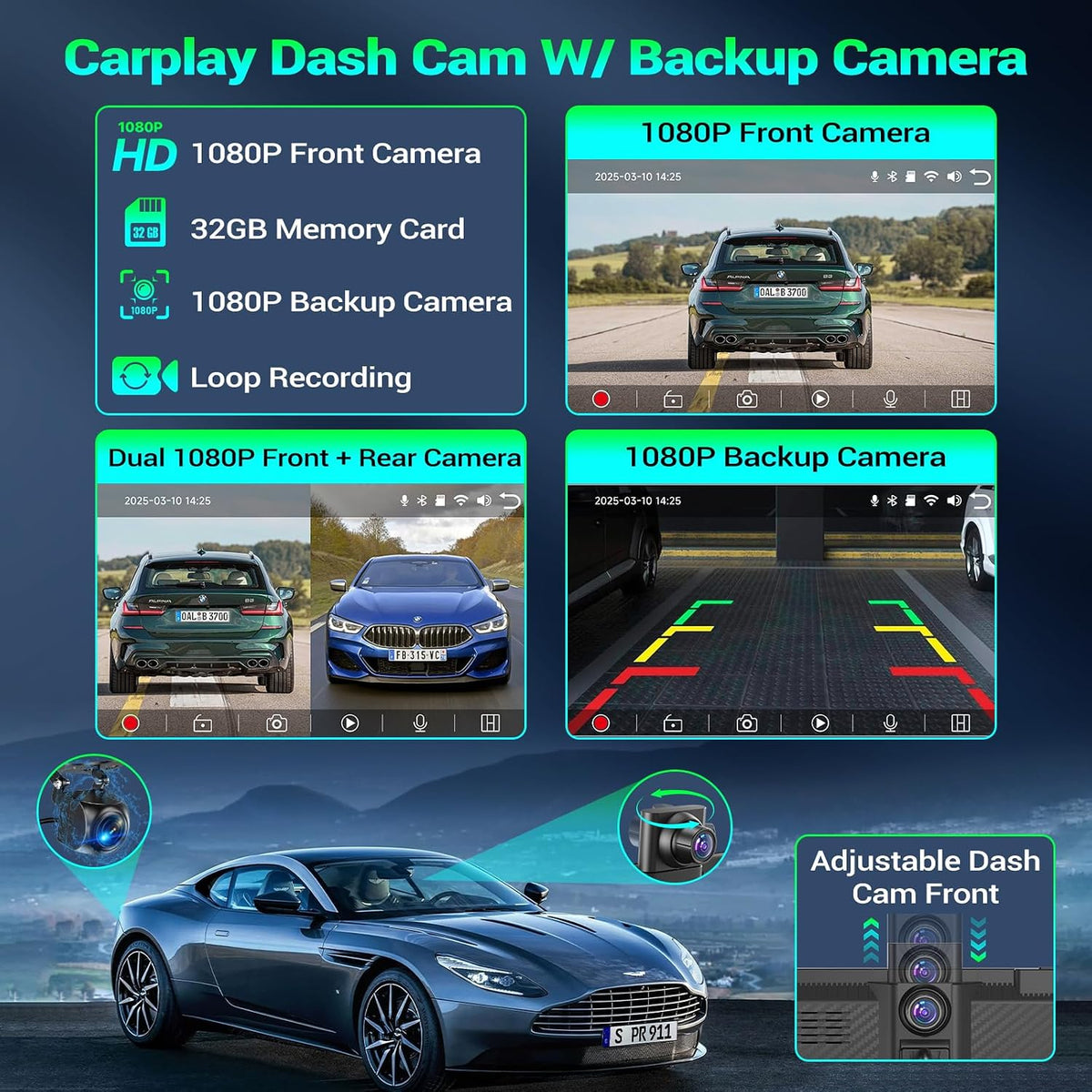 7" Portable Car Screen with Dual Dash Cam, Wireless CarPlay Android Auto