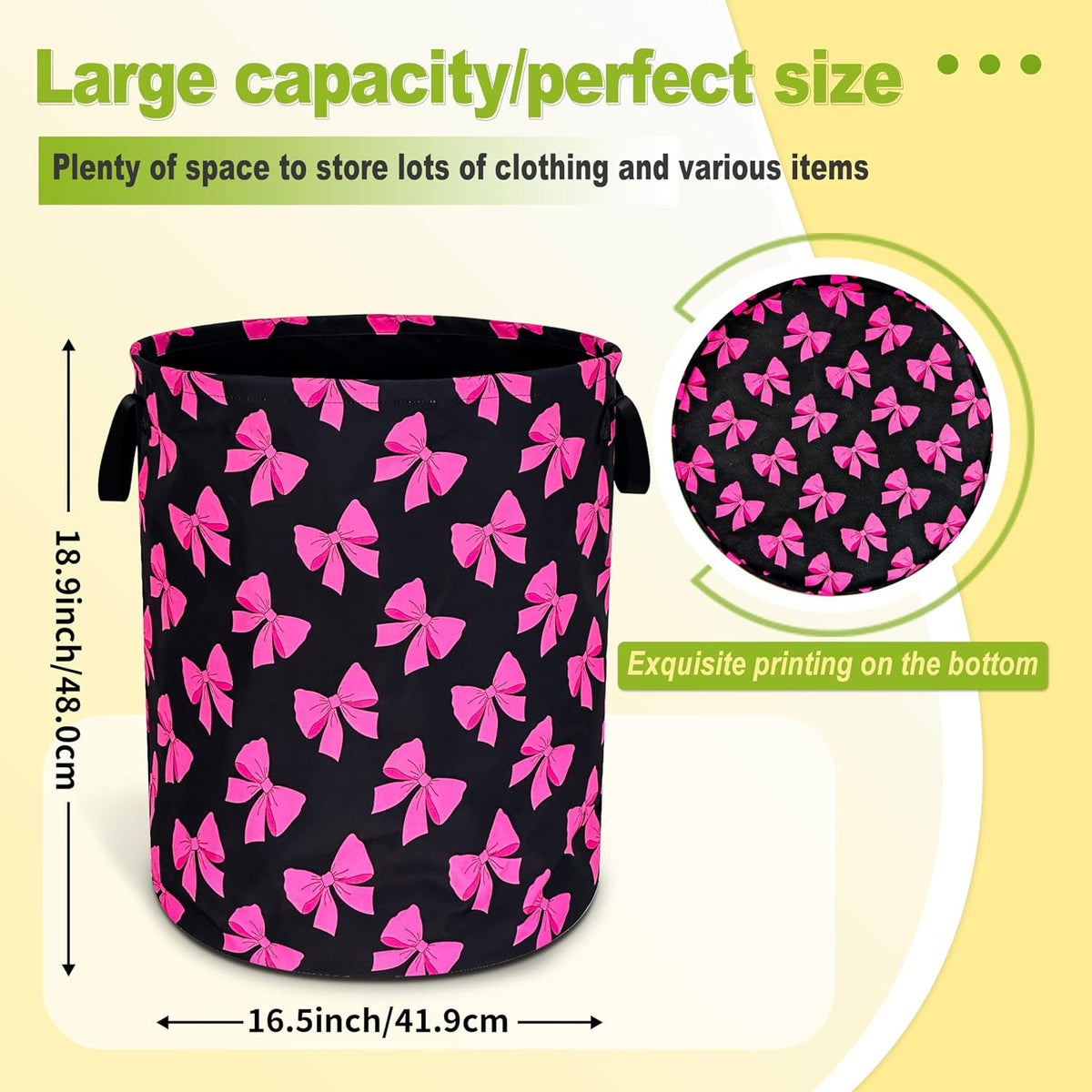 Pink Bow Laundry Basket Foldable Waterproof Bowknot Hamper 18.9 x 16.5 Inch
