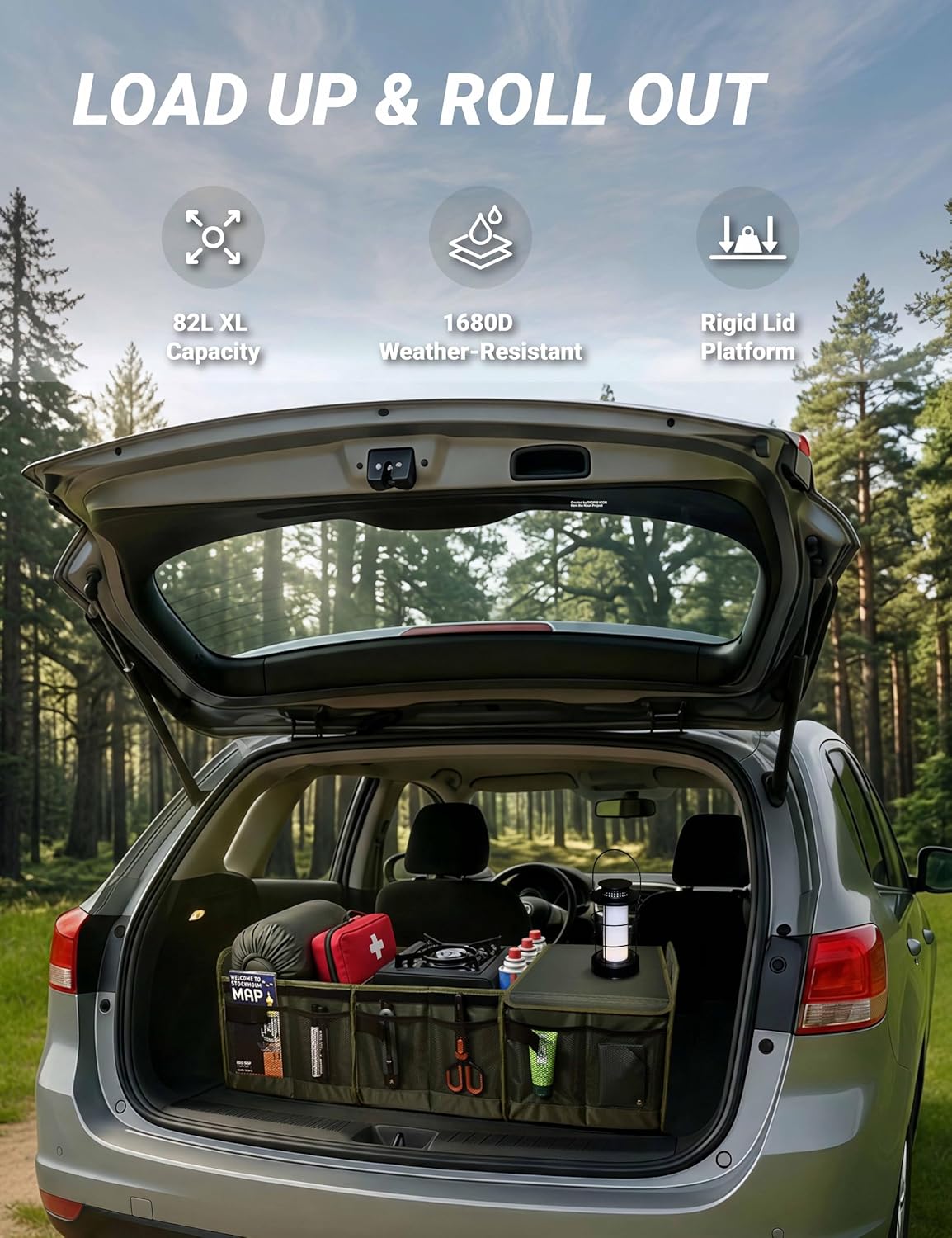 Heavy Duty Trunk Organizer with Lid for SUV & Truck (XL, Green) | 1680D Water-Resistant Fabric & 3.5mm PP Skeleton Collapsible Multi-Compartment Trunk features Dual Non-Slip Hooks