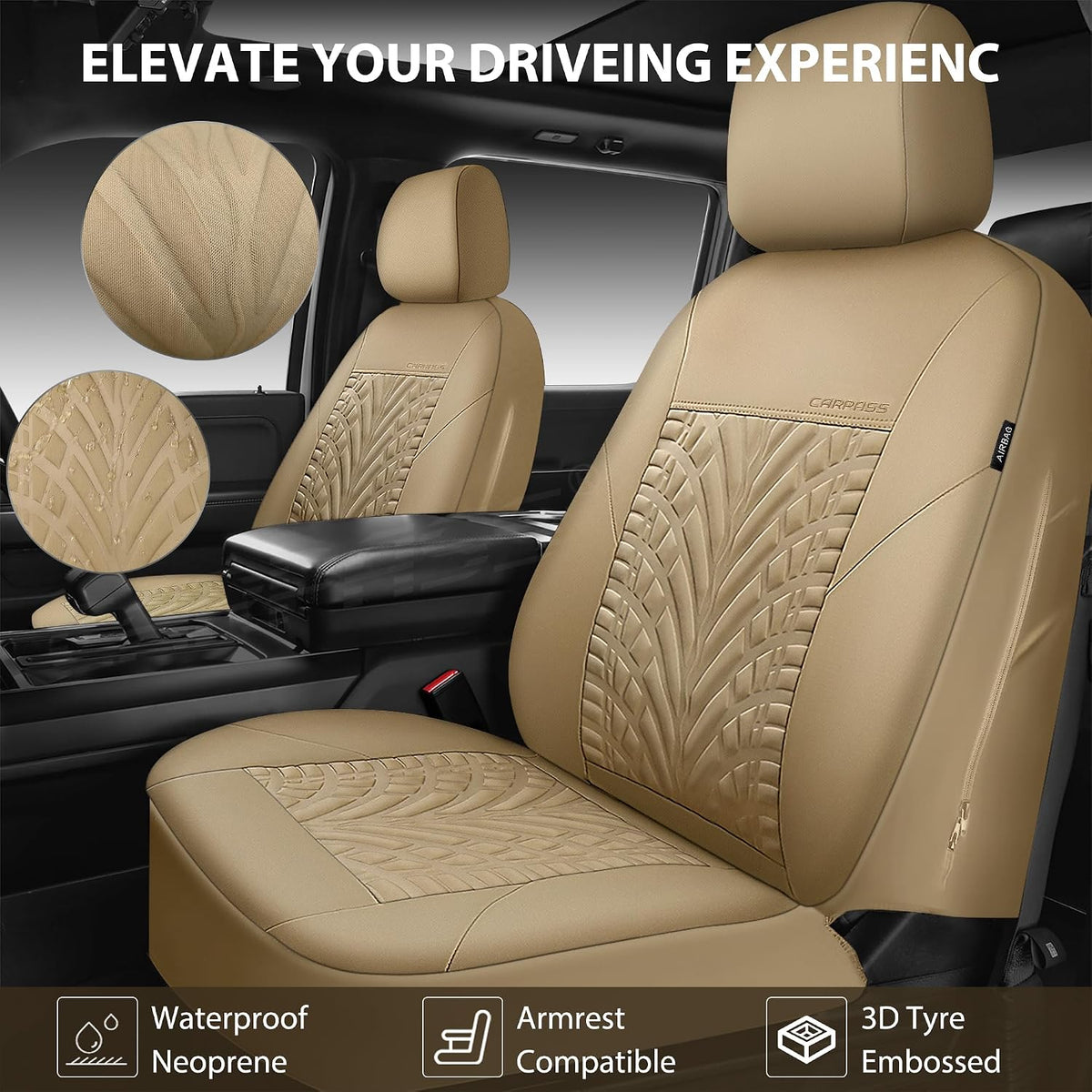 CAR PASS Neoprene Waterproof Seat Covers Full Sets, Wetsuit Car Seat Covers 5 Seats Universal Fit for Vans, Truck, SUV, 3D Tyre Embossed Seat Covers Anti Slip with Armrests, Aibag Compatible All Beige