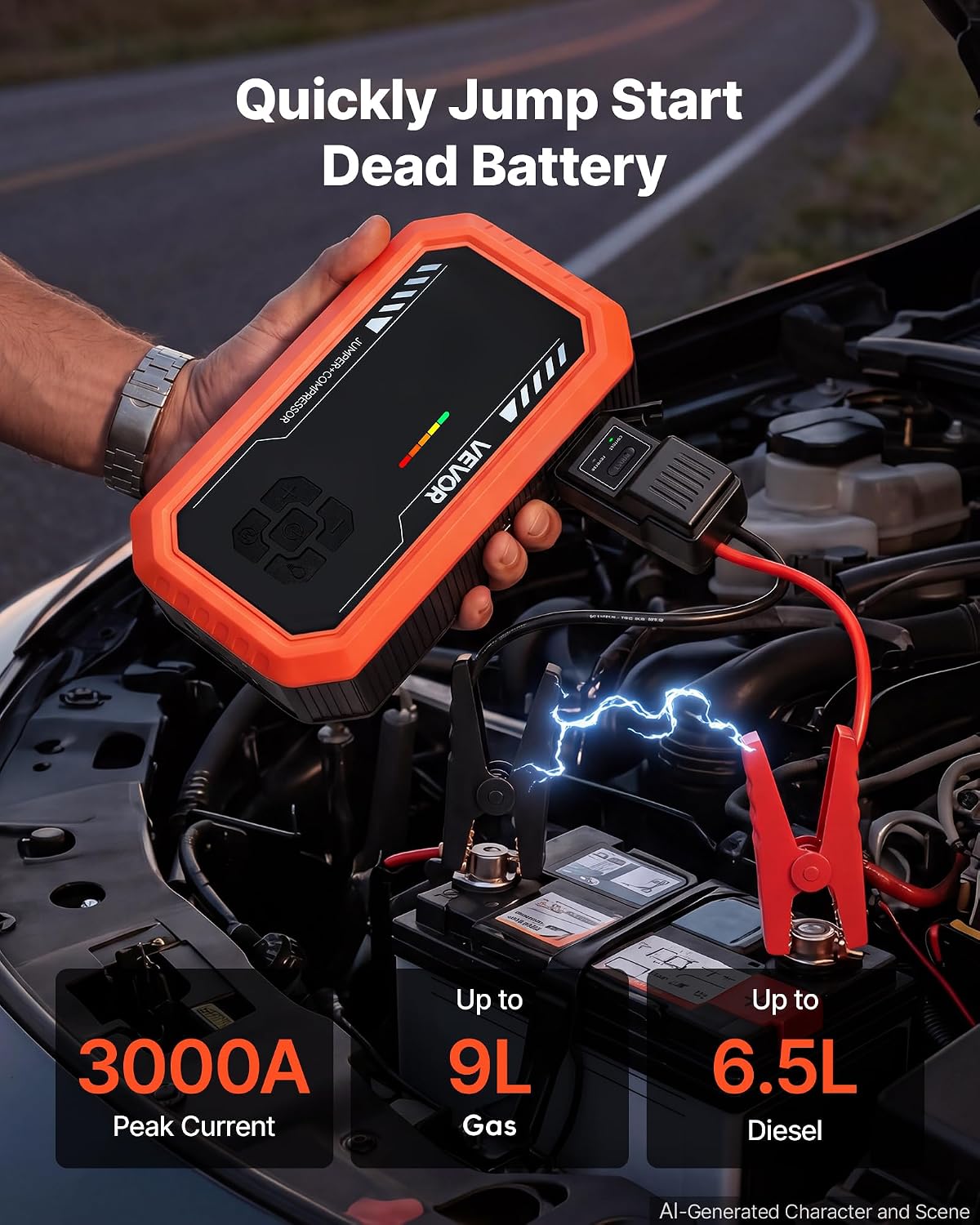 VEVOR Jump Starter with Air Compressor 3000A Peak Car Battery Jump Box