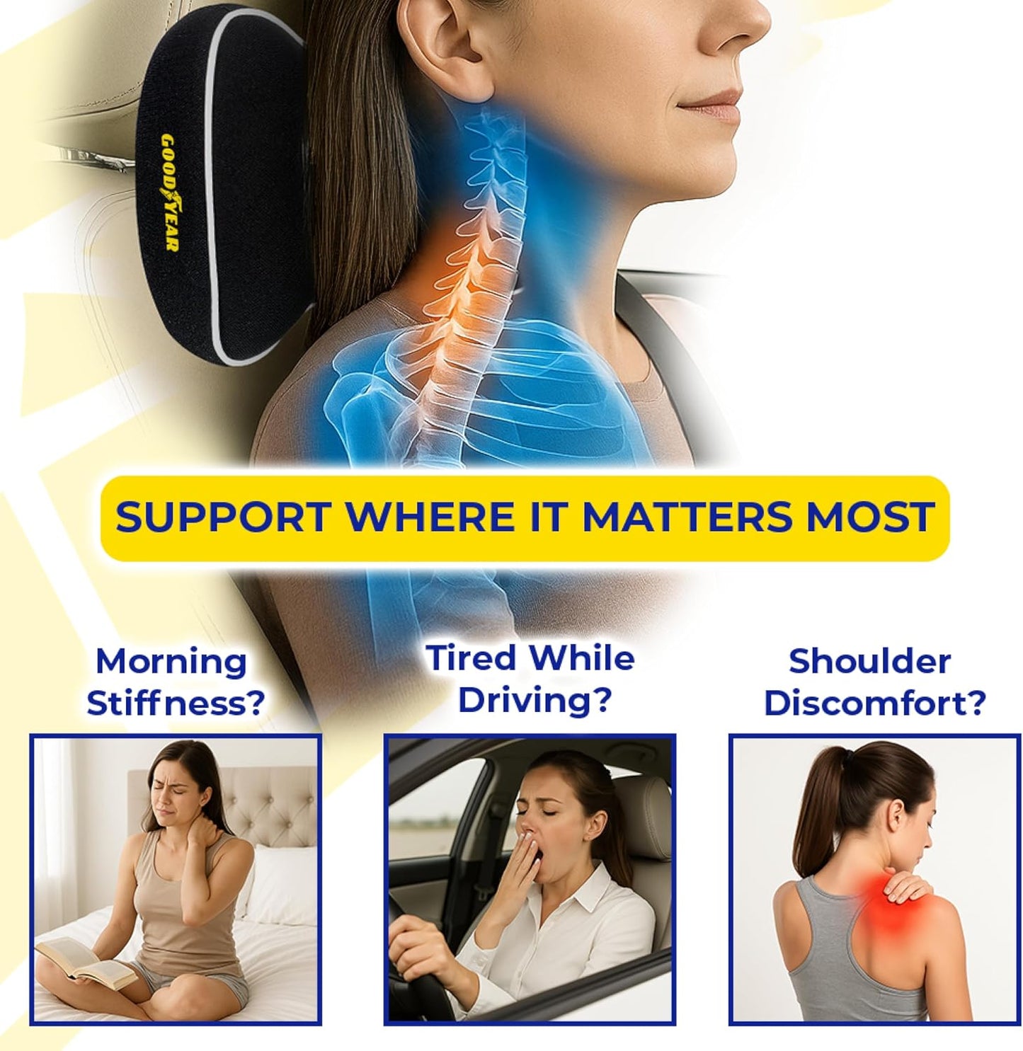Goodyear Car Neck Pillow, Soft Memory Foam Headrest Pillow for Driving, Ergonomic Car Seat Headrest Cushion with Adjustable Strap, Breathable & Removable Cover, Neck Pain Relief, Black