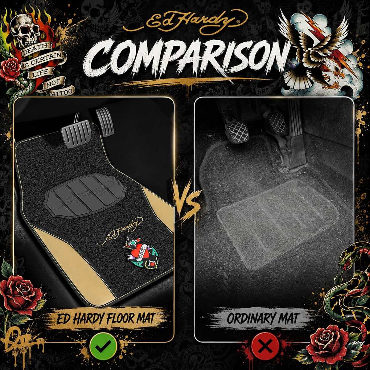 ED HARDY Heart Print Car Floor Mats, Carpet Floor Mats with Beige Leather Design, Automotive Car Mats with Built-in Heel Pad & Anti-Slip Backing, Fits Most Cars, SUVs & Trucks, Durable & Odorless