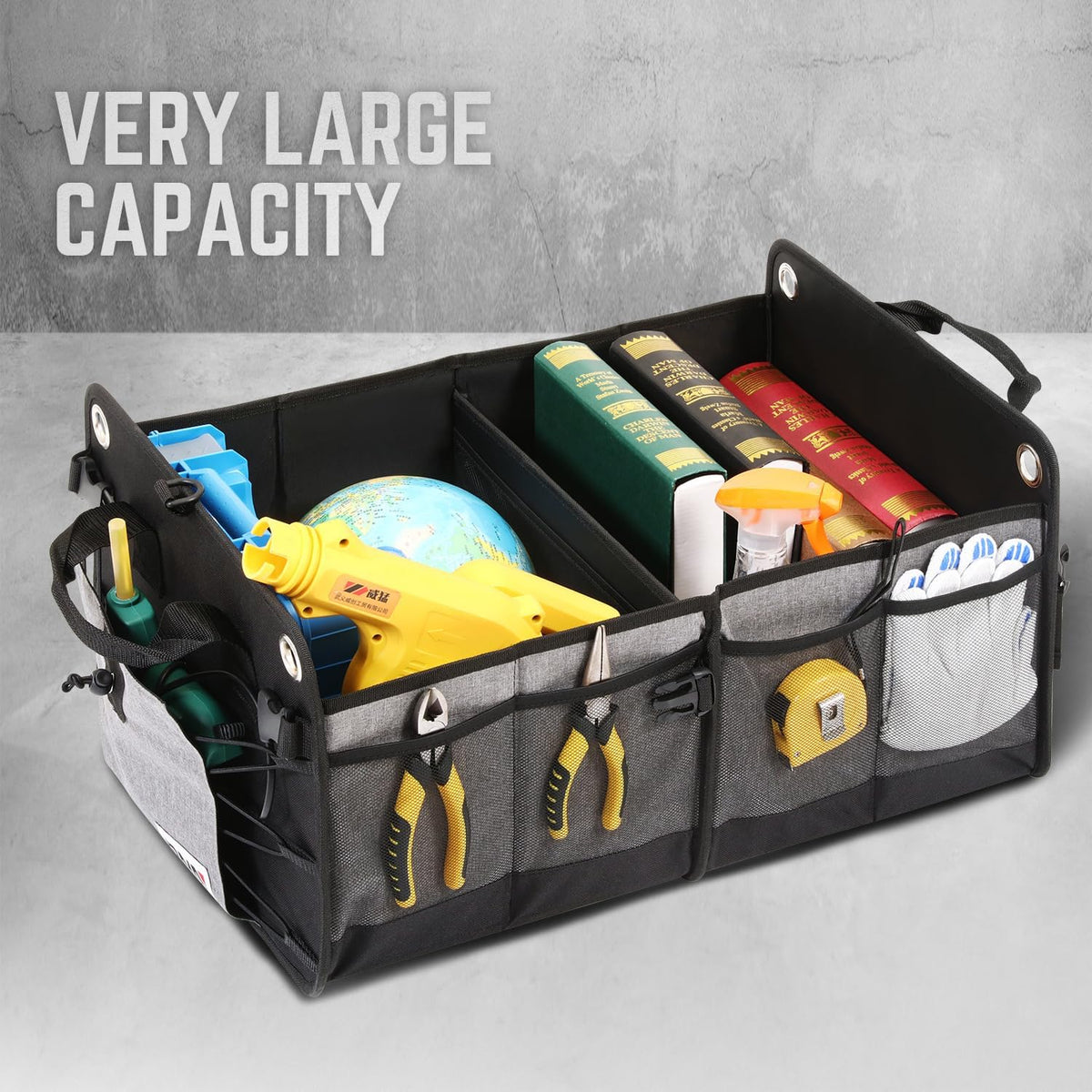 DNA Motoring Trunk Organizer for Car, 70L Large Capacity Foldable Trunk Organizer, Multi Compartment Car Trunk Organizer for Women Men, Grey, TOOLS-00420