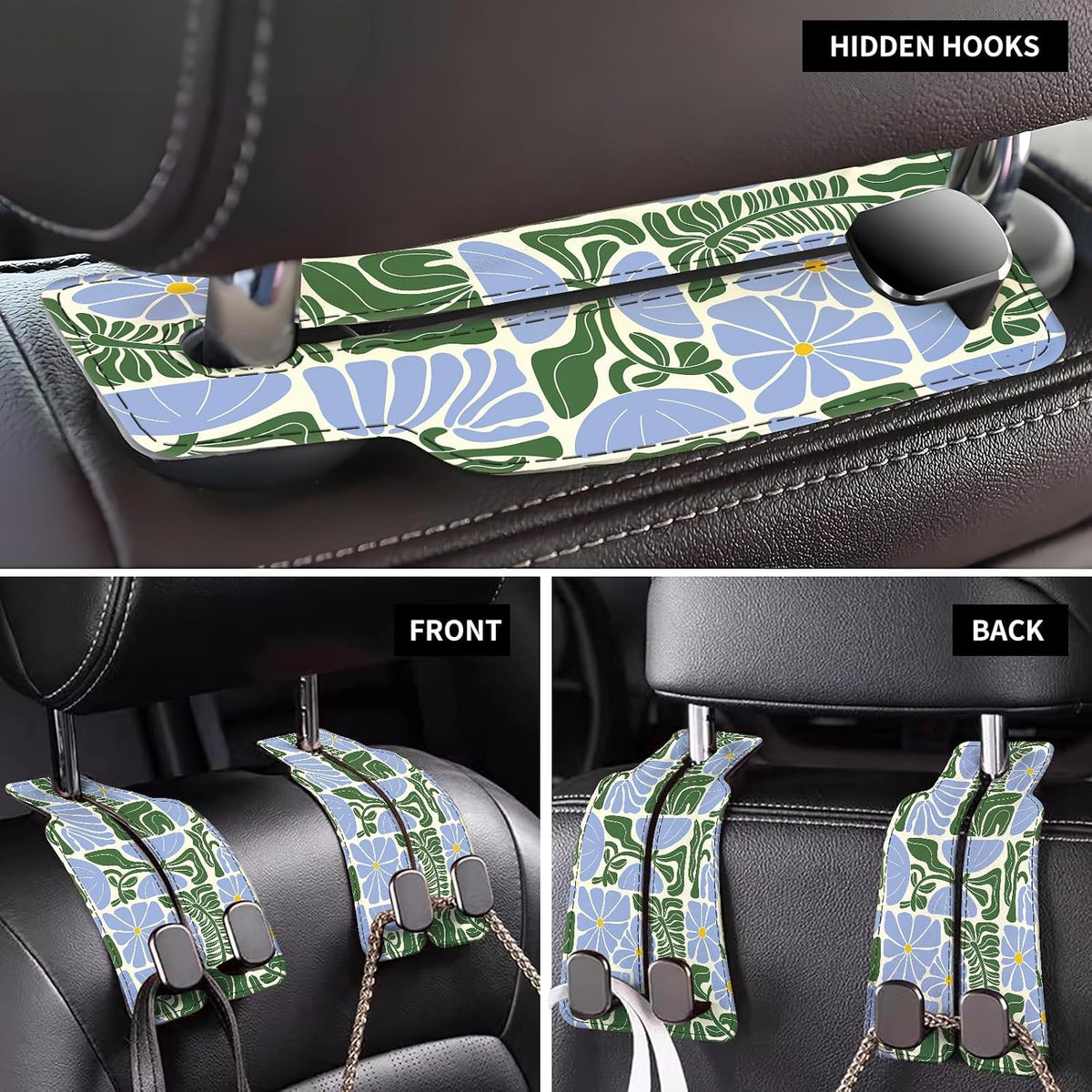 Car Seat Back Storage Headrest Hook, Premium Leather Double Metal Hook, Hanger Storage Organizer for Purse Cloth Bag, Car Interior Accessories Boho Blue Pattern