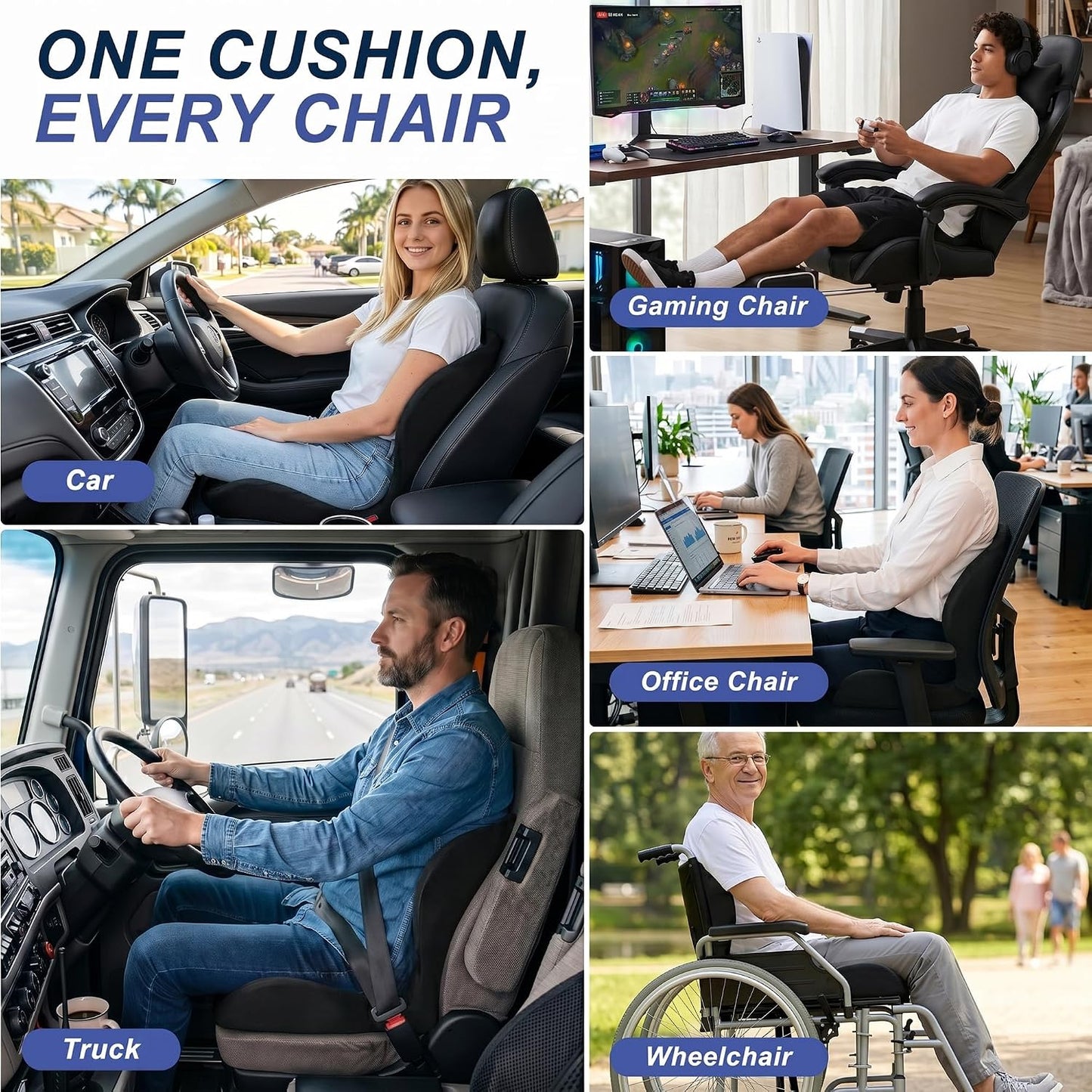 Seat Cushion for Office Chair and Car, Ergonomic Memory Foam Seat Cushion with Lumbar Support Pillow, Orthopedic Cushion for Sciatica & Back Pain, Black