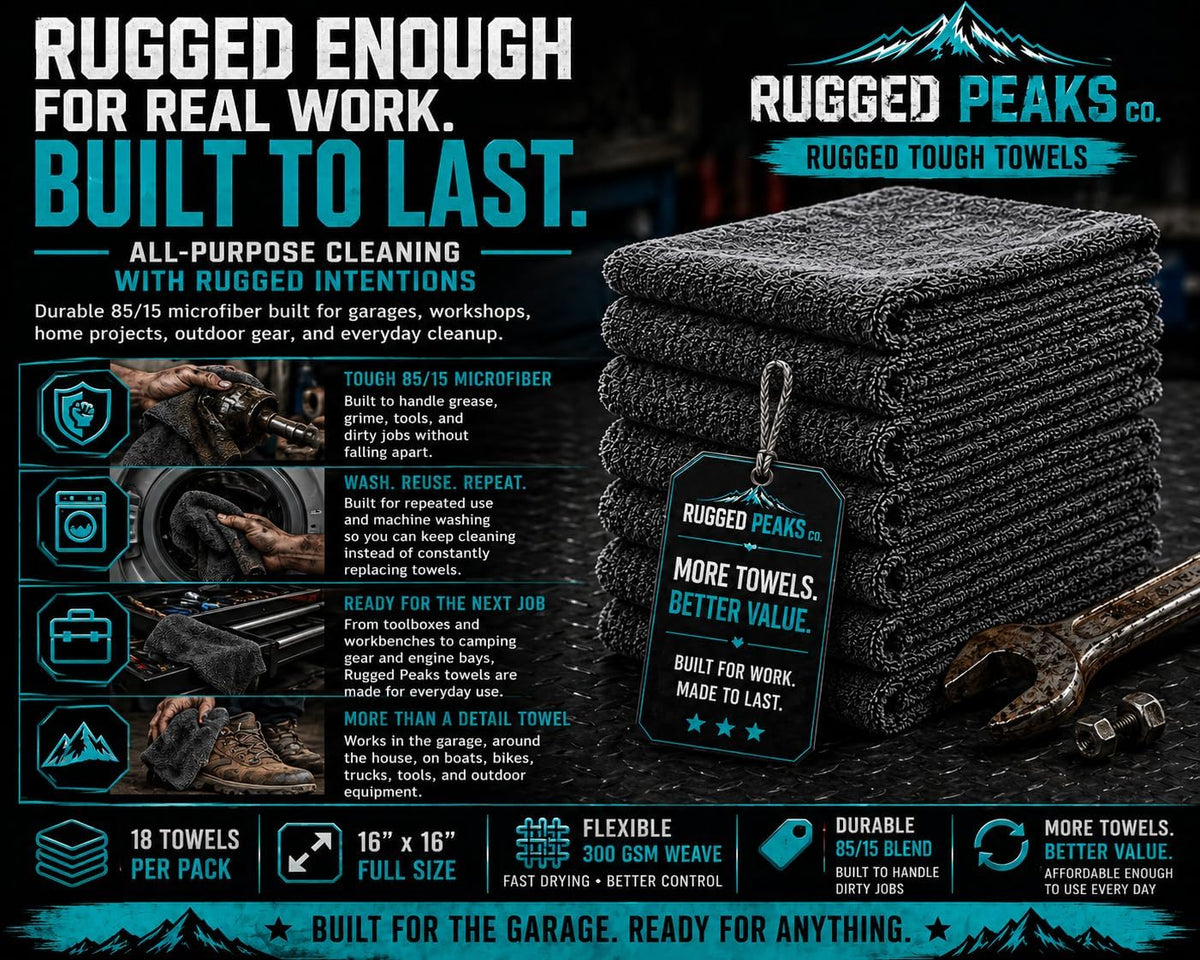 Rugged Peaks Co. 18-Pack Microfiber Towels for Cars – 300 GSM All Purpose Car Detailing Cleaning Cloths for Auto, Garage & Home, Dual Pile, 16x16 in (Gray)