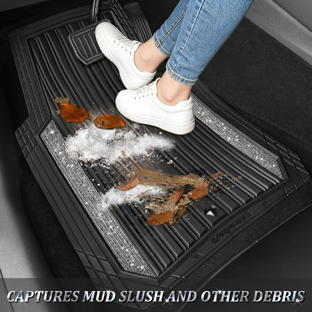 CAR PASS Bling Glitter Car Floor Mats Heavy Rubber Water Proof,Black Silver
