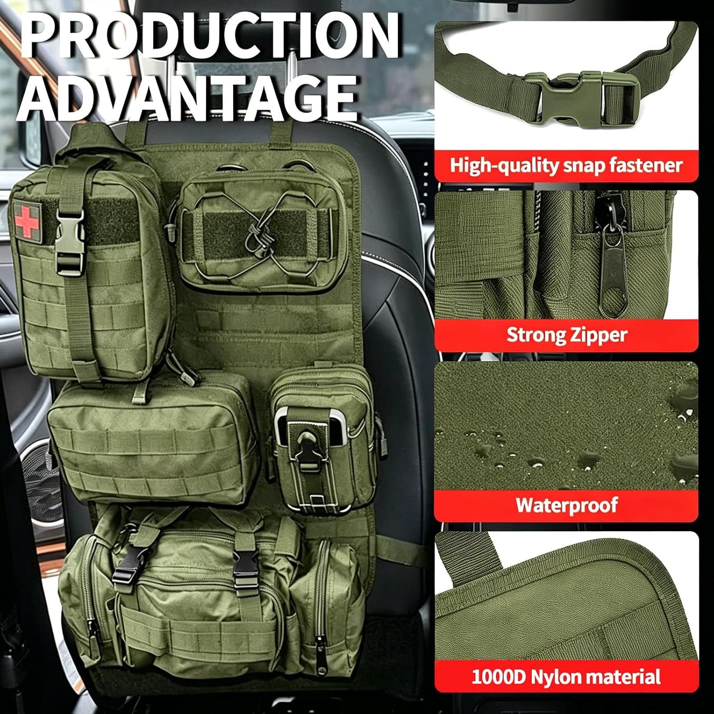 Tactical Car Seat Back Organizer with 5 Detachable Molle Pouches, 600D PU Waterproof Vehicle Seat Back Storage Bag, Universal Fit for Car, SUV, Truck, Pickup, Truck (Green)