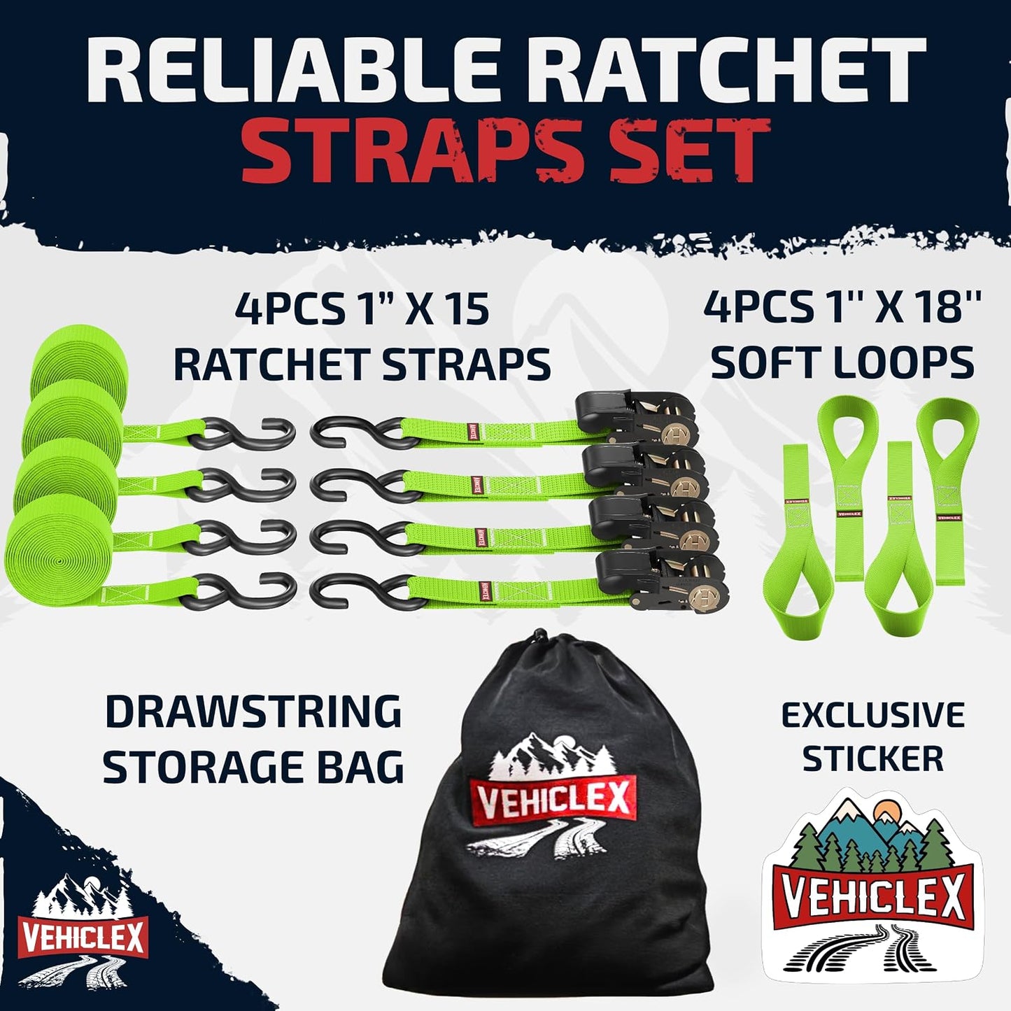 Ratchet Tie Down Straps (1,800 lbs Break Strength) - Vehiclex 15 Ft Versatile Straps for Powersports, Garage, and Outdoor Use - Soft Loops, Deep S-Hooks & Comfort Grip Handle (4 Pack, Green)