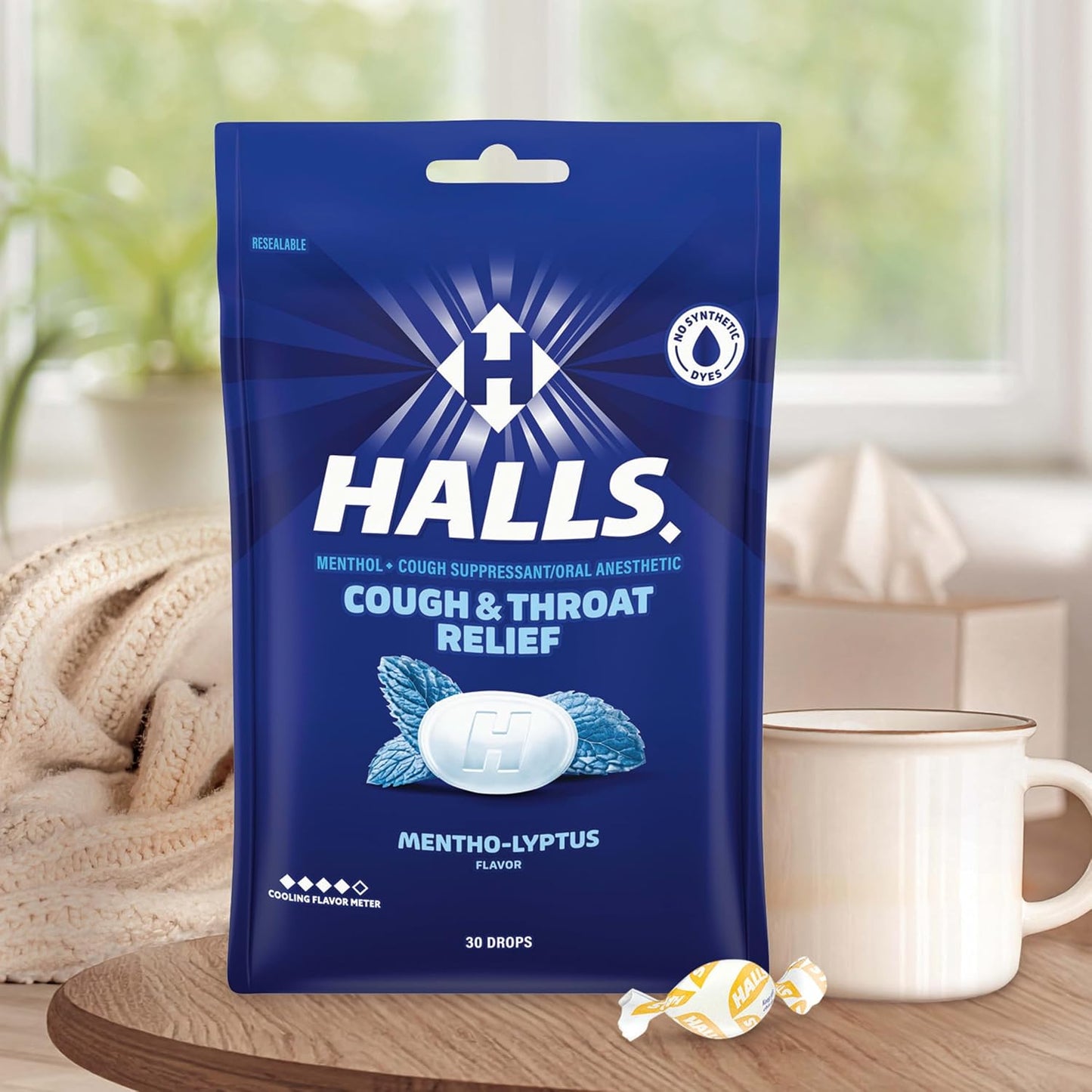 Halls Cough & Throat Relief Mentho-Lyptus Cough Drops, 360 ct | No Synthetic Dyes, 12 Bags of 30