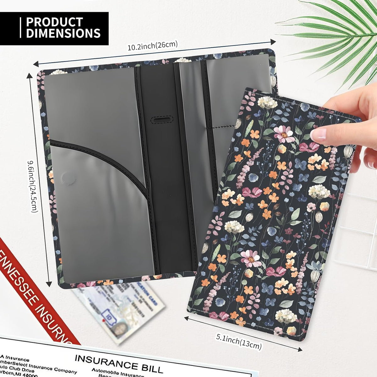 Leather Car Registration and Insurance Card Holder, Cute Car Accessories Vehicle Glove Box Car Organizer for Documents, Cards, License Colorful Boho Leaf