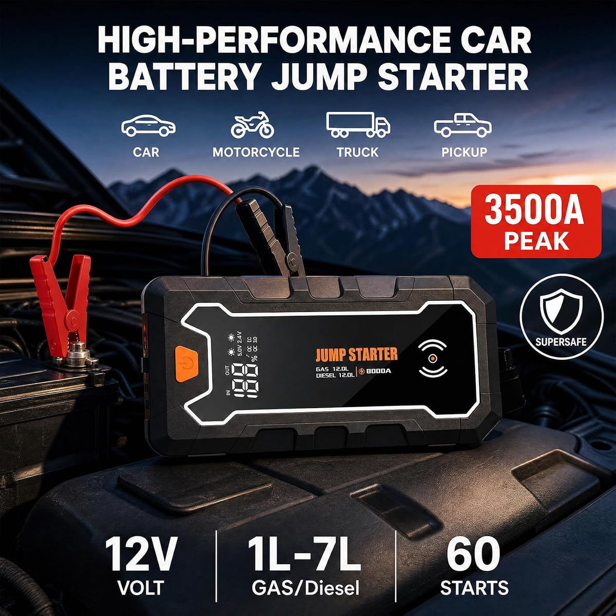 CROS 12V 3500A Portable Jump Starter with Wireless Charger
