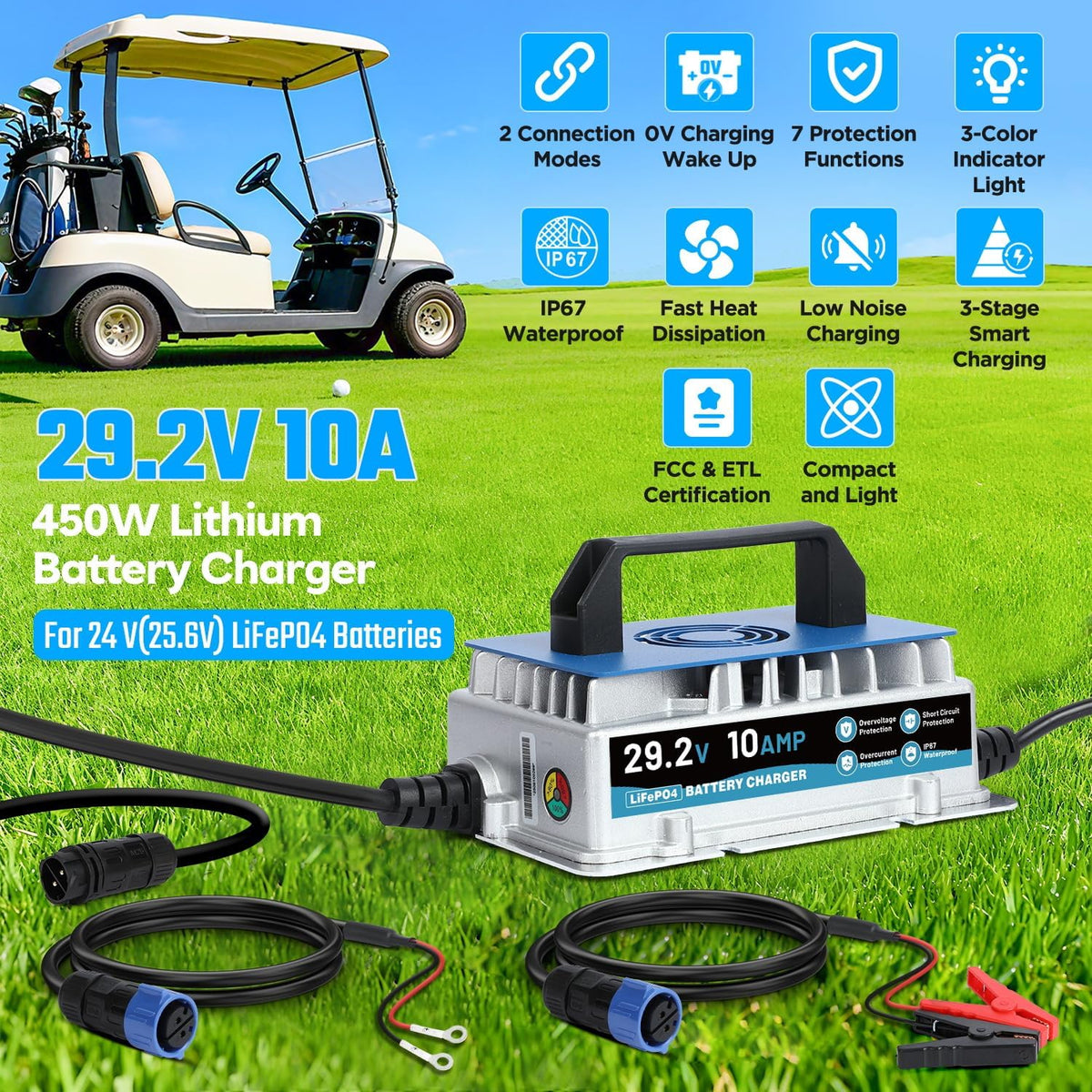 24V 10A Lithium Battery Charger, IP67 Waterproof & 0V Wake Up 29.2V LiFePO4 Battery Charger with 2 Connection Types, 7 Protections for 25.6V RV, Boat, Car, Solar, Electric Yacht LiFePO4 Battery