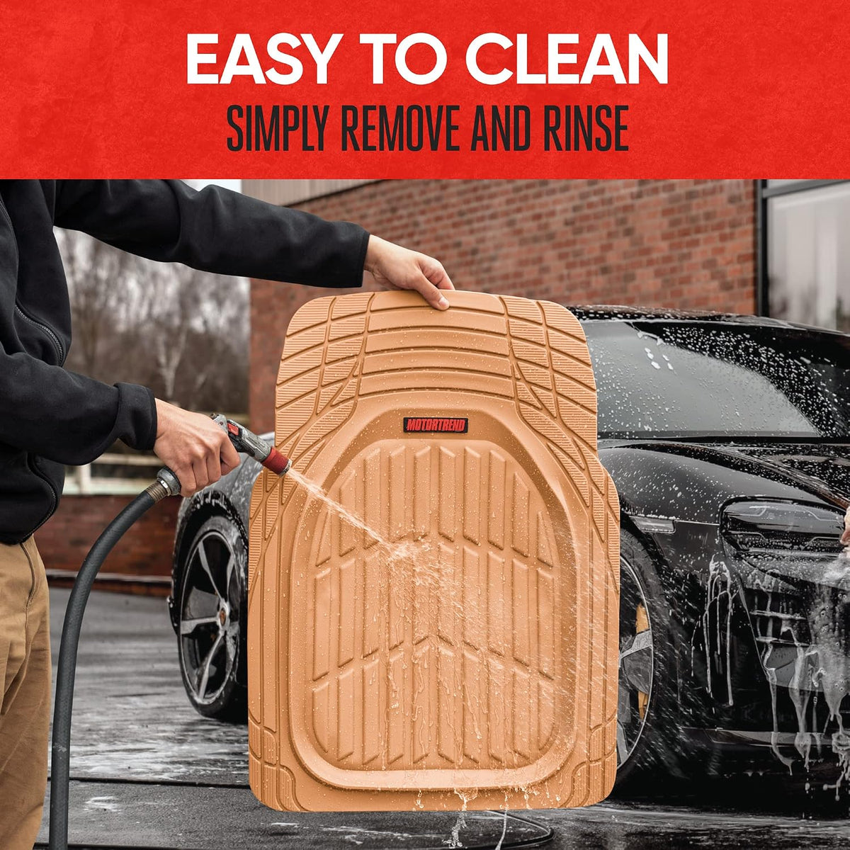 Motor Trend - MT-921-BG Flextough Tortoise - Heavy Duty Rubber Floor Mats for Car SUV Van & Truck - All Weather Protection - Deep Dish (Tan Beige)
