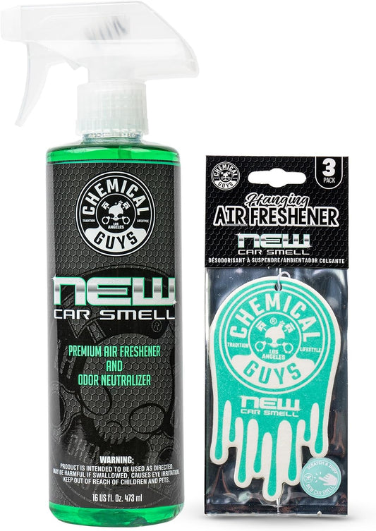 Chemical Guys New Car Scent Air Freshener and Odor Eliminator, 16 fl oz with 3 Pack of Hanging Air Fresheners (Great for Cars, Trucks, SUVs, RVs, Home, Office, Dorm Room & More) - HOL459