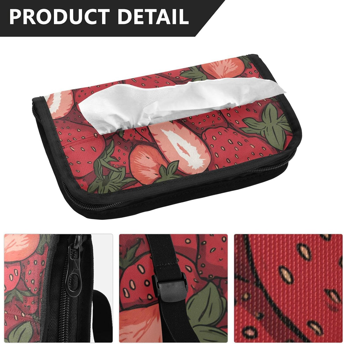 Car Tissue Holder Car Napkin Holder Car Tissue Box Dispenser Storage Case Sun Visor Mask Holder with Adjustable Straps Reusable Refillable Cartoon Red Strawberry