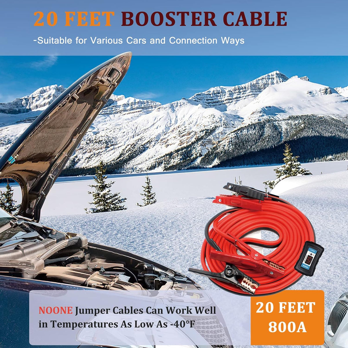NOONE 2 Gauge Jumper Cable Heavy Duty Car Battery Clamps, for Jump Starting Dead or Weak Batteries Booster Cables with S7 Reverse Polarity Protection and Carry (2 Gauge 20 Feet)