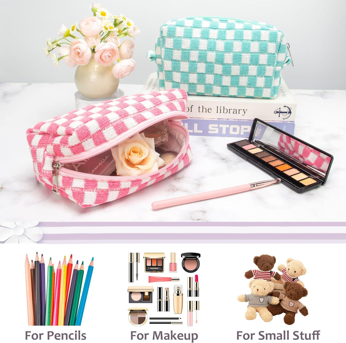 Checkered Makeup Bag for Purse, Small Travel Cosmetic Pouch,Pink,6 Pack