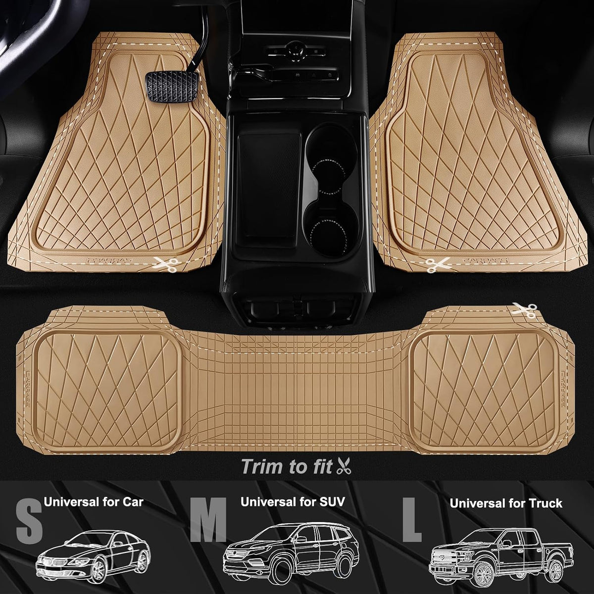 CAR PASS Heavy Duty Rubber Car Floor Mats, Deep Dish All Weather Car Mats Full Set, 3 Piece Waterproof Premium Anti-Slip Floor Mats Rugs Universal Trim to Fit for 95% Sedan SUV Van Truck, All Beige